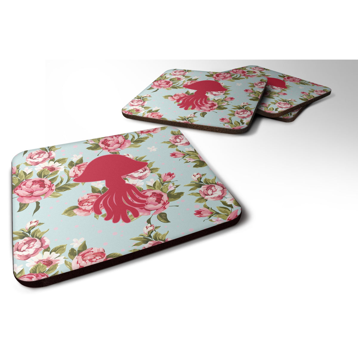 'Caroline'S Treasures Bb1089-Rs-Bu-Fc Jellyfish Shabby Chic Blue Roses Foam Coasters (Set Of 4), 3.5'''' H X 3.5'''' W, Multico