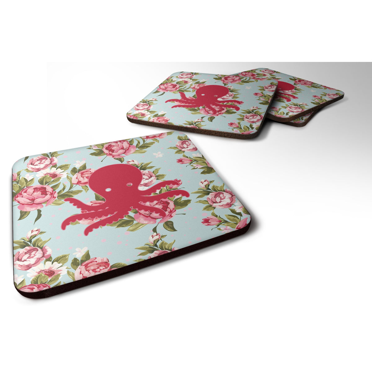 'Caroline'S Treasures Bb1090-Rs-Bu-Fc Octopus Shabby Chic Blue Roses Foam Coasters (Set Of 4), 3.5'''' H X 3.5'''' W, Multicolo