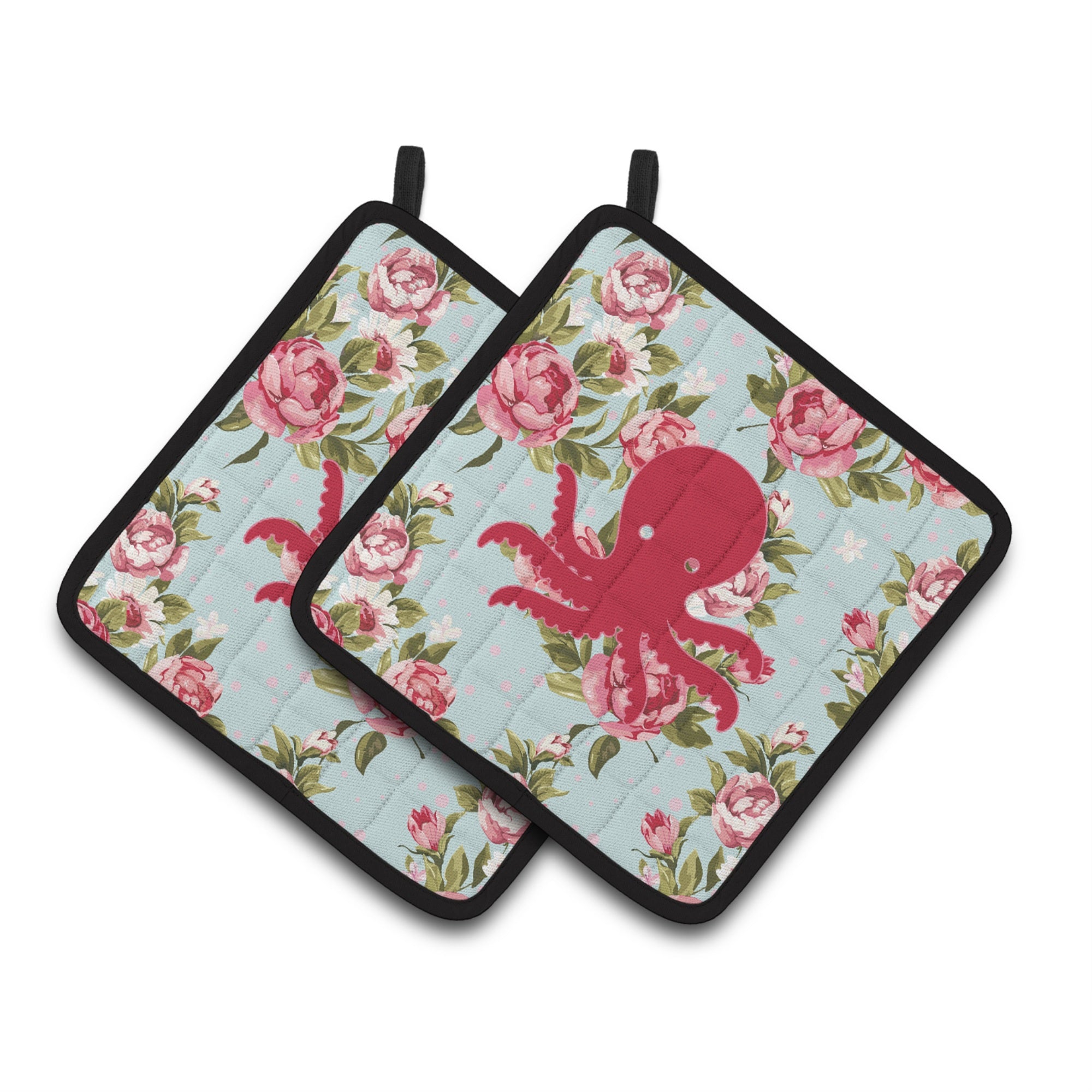 'Caroline'S Treasures Octopus Shabby Chic Blue Roses Pair Of Pot Holders Bb1090-Rs-Bu-Pthd, 7.5Hx7.5W, Multicolor''