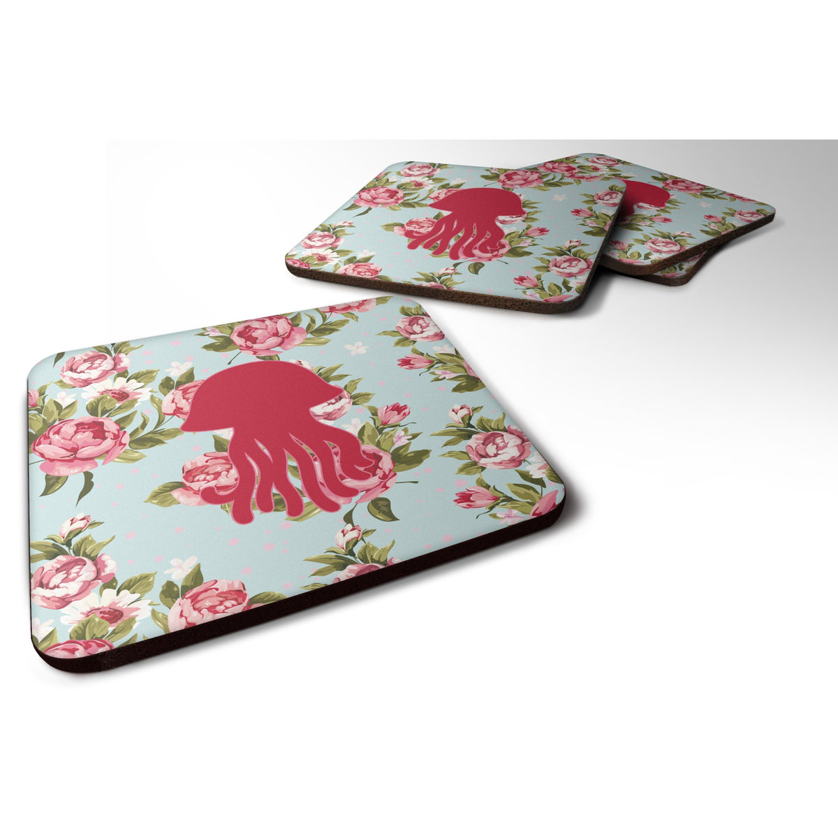 'Caroline'S Treasures Bb1091-Rs-Bu-Fc Jellyfish Shabby Chic Blue Roses Foam Coasters (Set Of 4), 3.5'''' H X 3.5'''' W, Multico