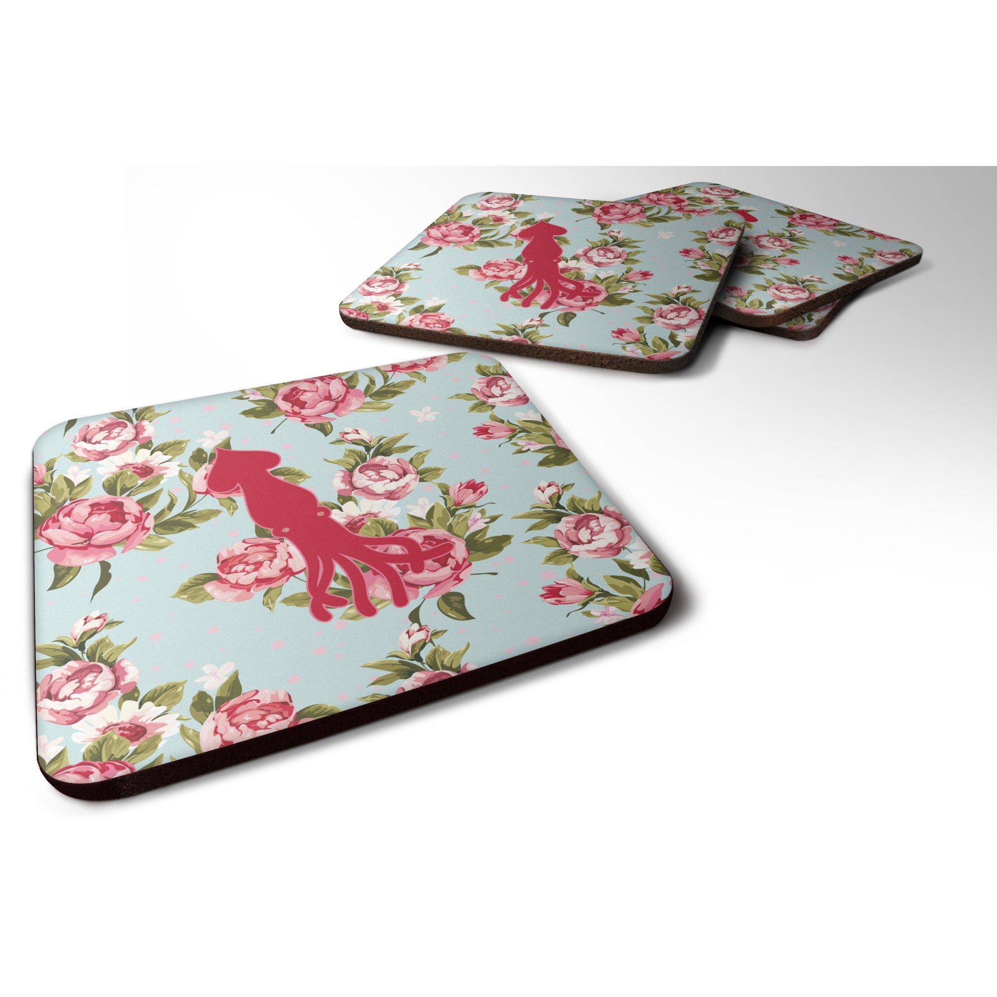 'Caroline'S Treasures Bb1096-Rs-Bu-Fc Squid Shabby Chic Blue Roses Foam Coasters (Set Of 4), 3.5'''' H X 3.5'''' W, Multicolor'