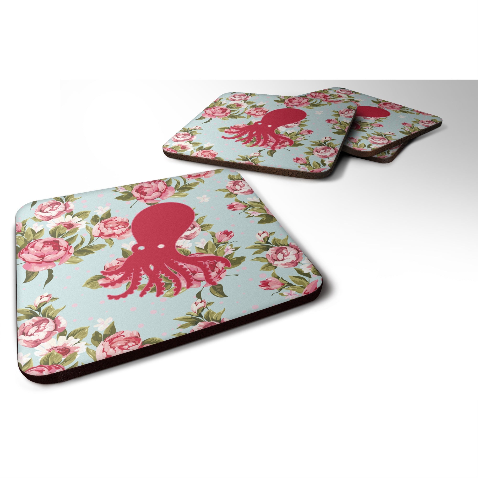 'Caroline'S Treasures Bb1098-Rs-Bu-Fc Octopus Shabby Chic Blue Roses Foam Coasters (Set Of 4), 3.5'''' H X 3.5'''' W, Multicolo