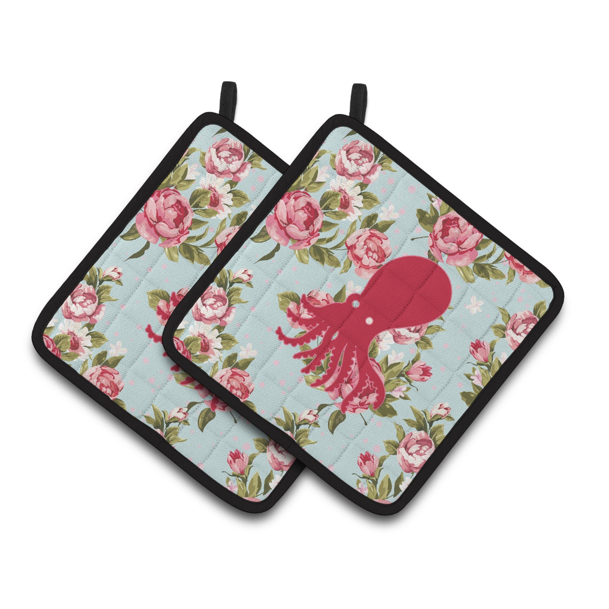 'Caroline'S Treasures Octopus Shabby Chic Blue Roses Pair Of Pot Holders Bb1098-Rs-Bu-Pthd, 7.5Hx7.5W, Multicolor''