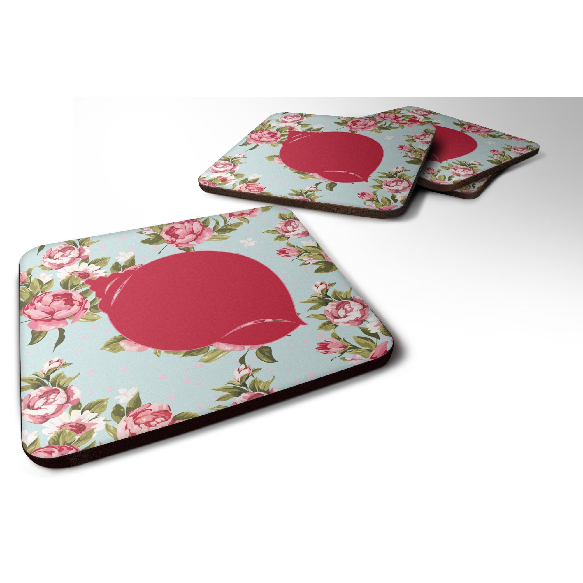 'Caroline'S Treasures Bb1099-Rs-Bu-Fc Shell Shabby Chic Blue Roses Foam Coasters (Set Of 4), 3.5'''' H X 3.5'''' W, Multicolor'