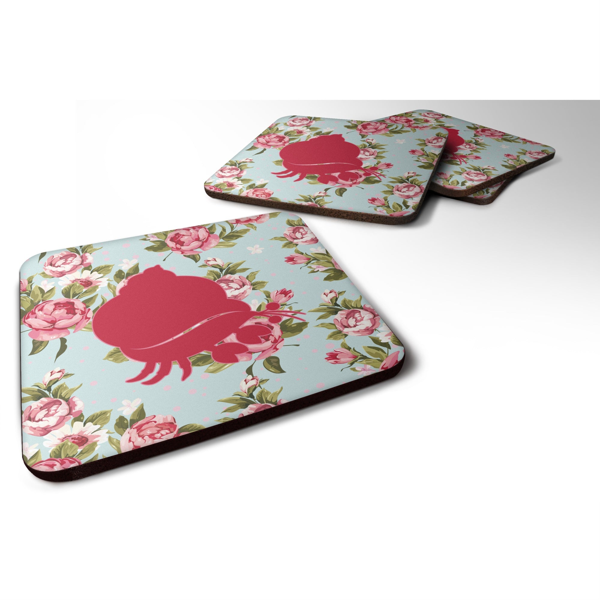 'Caroline'S Treasures Bb1102-Rs-Bu-Fc Hermit Crab Shabby Chic Blue Roses Foam Coasters (Set Of 4), 3.5'''' H X 3.5'''' W, Multi