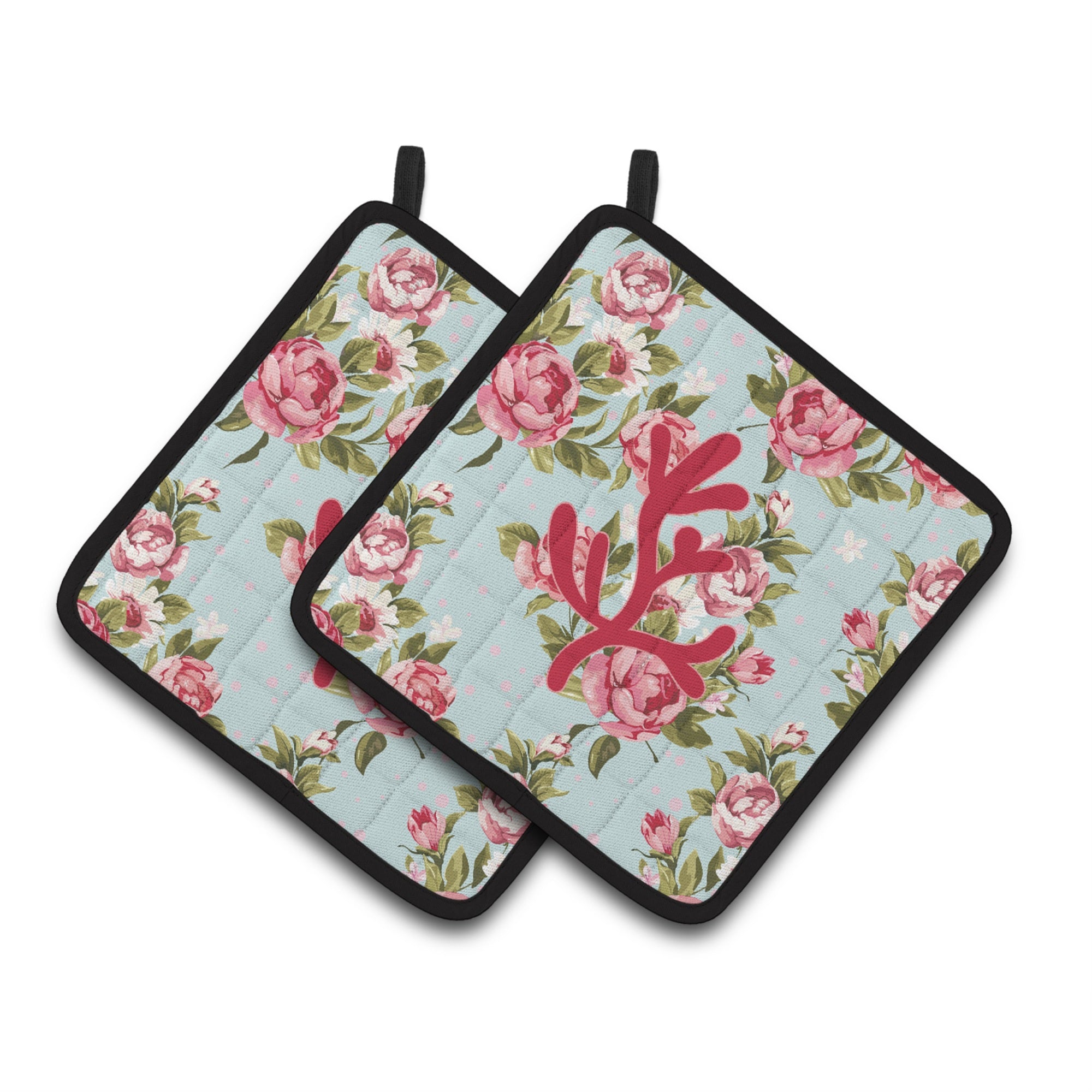 'Caroline'S Treasures Coral Shabby Chic Blue Roses Pair Of Pot Holders Bb1103-Rs-Bu-Pthd, 7.5Hx7.5W, Multicolor''