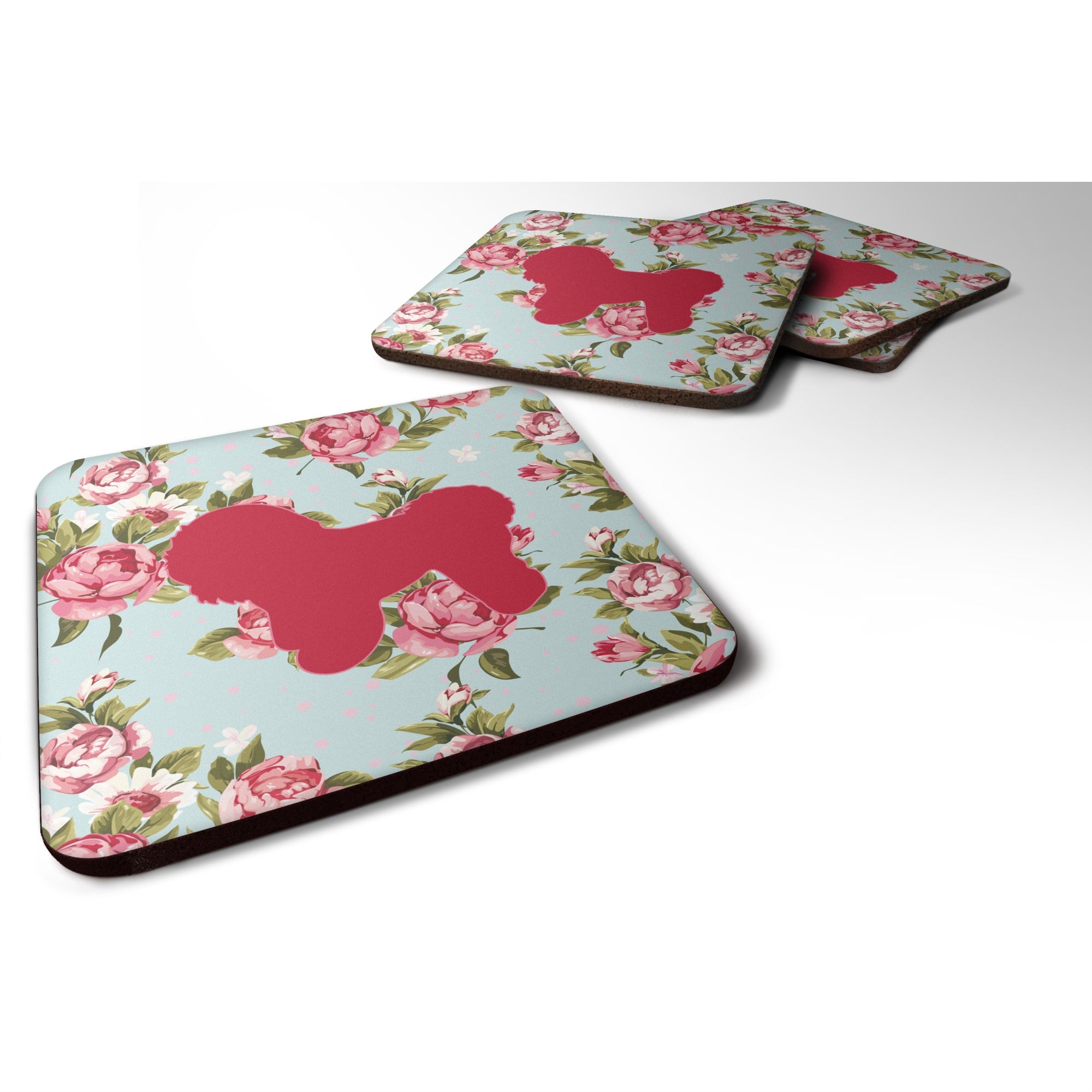 'Caroline'S Treasures Bb1107-Rs-Bu-Fc Bichon Frise Shabby Chic Blue Roses Foam Coasters (Set Of 4), 3.5'''' H X 3.5'''' W, Mult