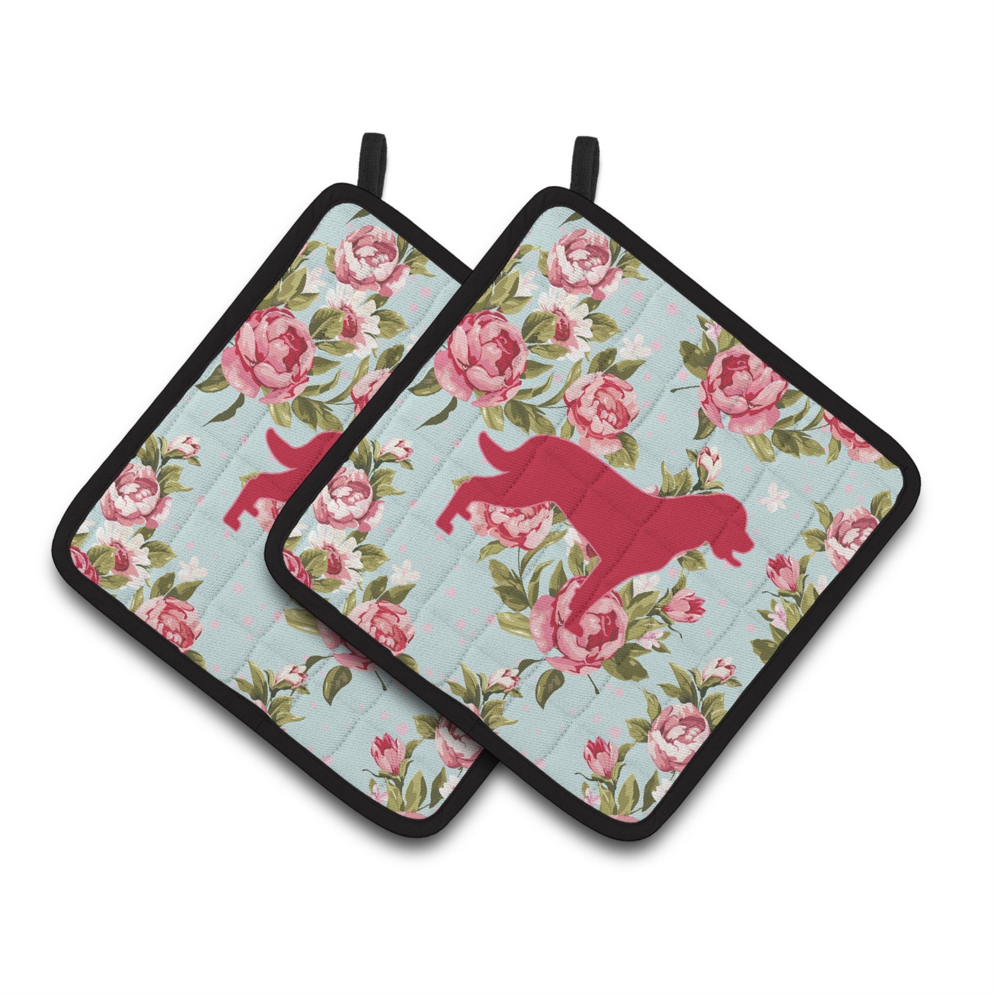 'Caroline'S Treasures Bb1111-Rs-Bu-Pthd Labrador Shabby Chic Blue Roses Pot Holders (1 Pair), 7.5'''' X 7.5'''', Multicolor''