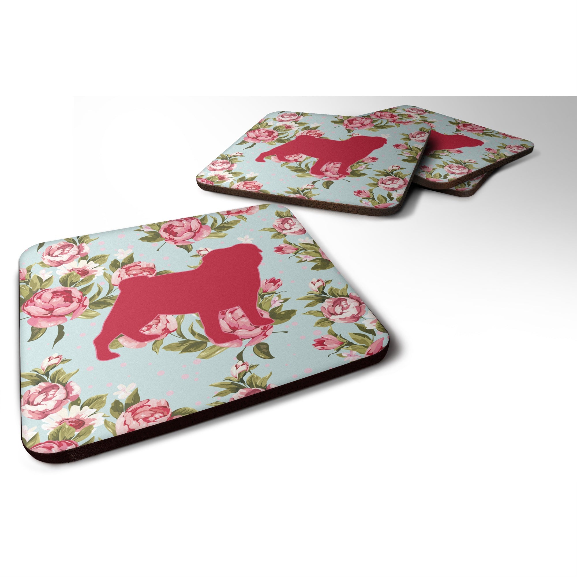 'Caroline'S Treasures Bb1112-Rs-Bu-Fc Pug Shabby Chic Blue Roses Foam Coasters (Set Of 4), 3.5'''' H X 3.5'''' W, Multicolor''