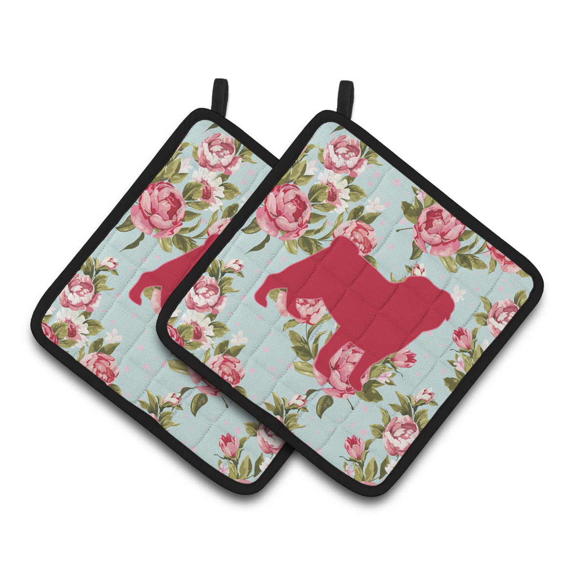 'Caroline'S Treasures Pug Shabby Chic Blue Roses Pair Of Pot Holders Bb1112-Rs-Bu-Pthd, 7.5Hx7.5W, Multicolor''