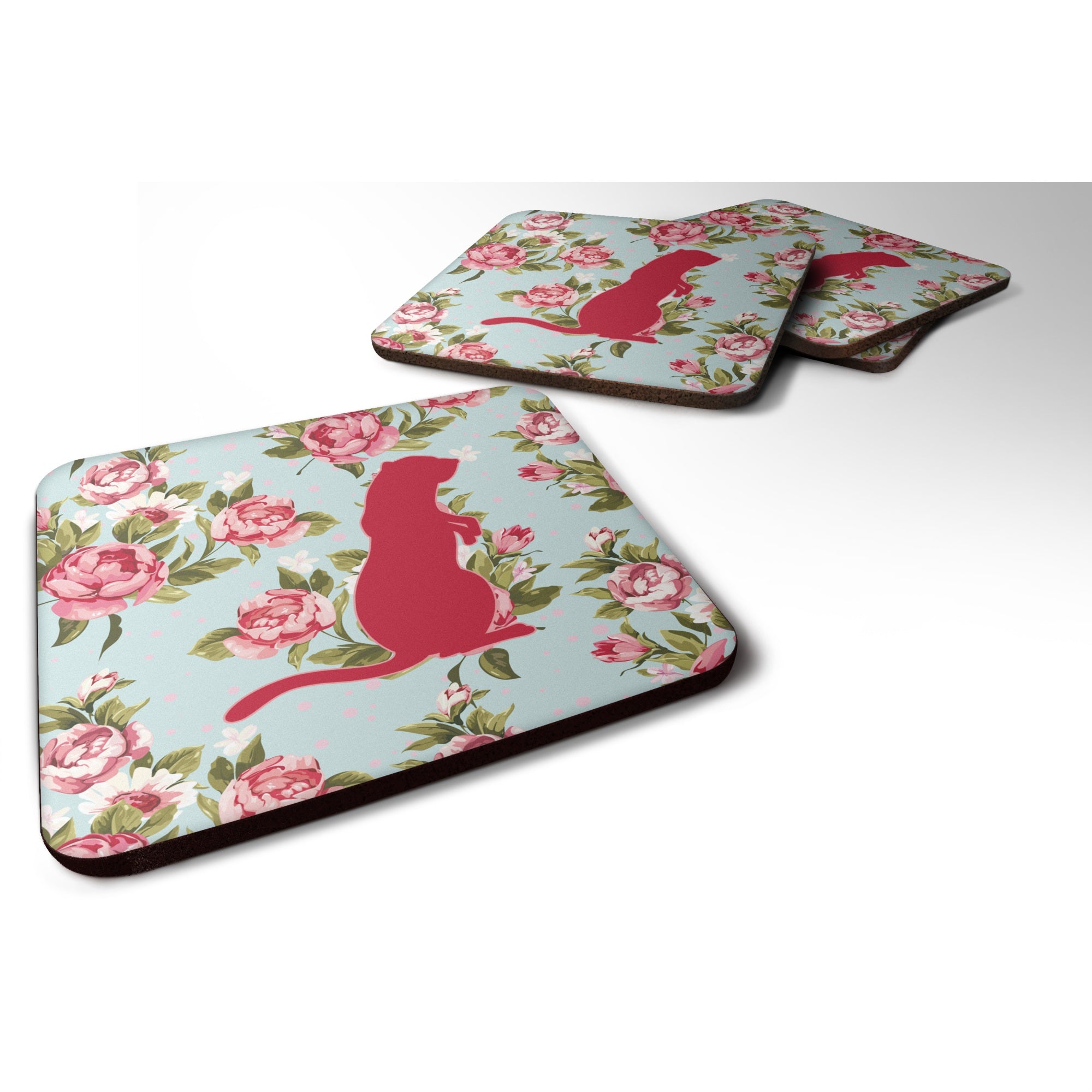 'Caroline'S Treasures Bb1118-Rs-Bu-Fc Meerkat Shabby Chic Blue Roses Foam Coasters (Set Of 4), 3.5'''' H X 3.5'''' W, Multicolo