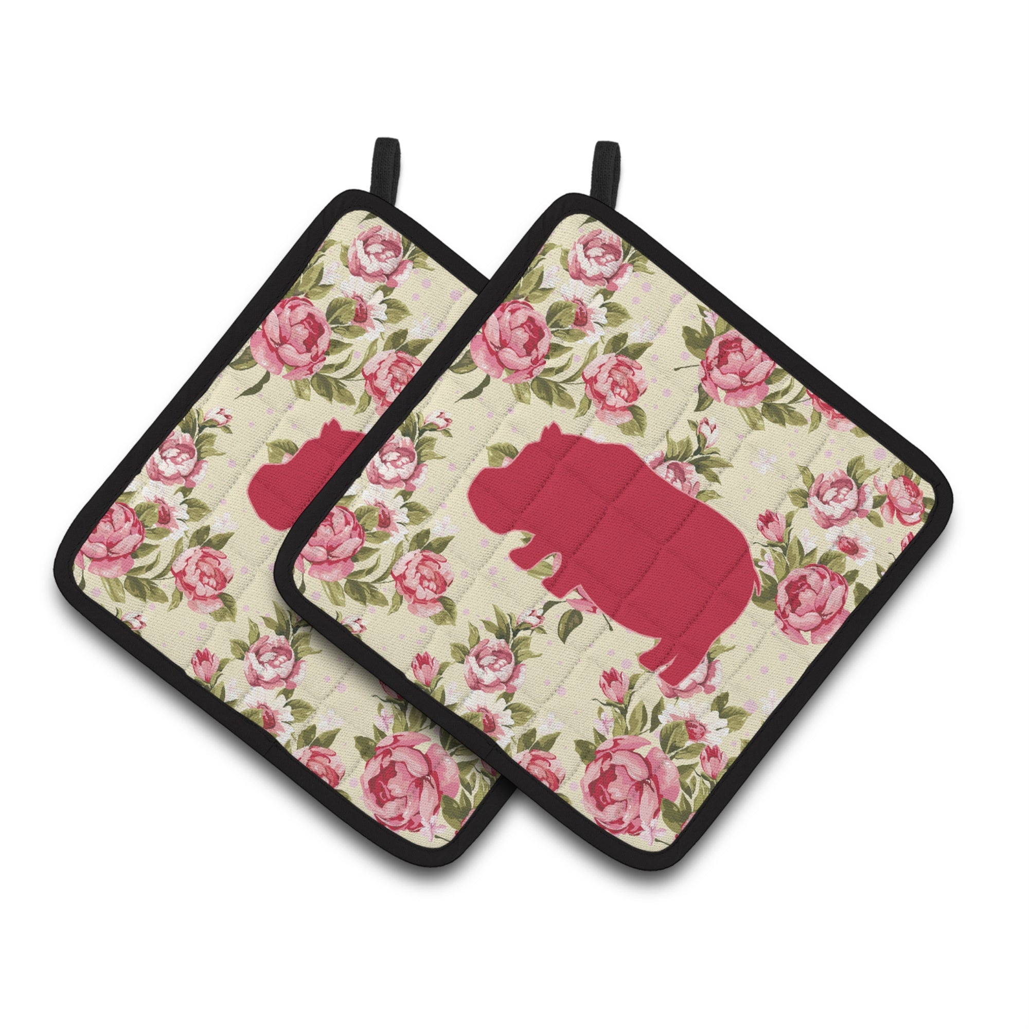 'Caroline'S Treasures Hippopotamus Shabby Chic Yellow Roses Pair Of Pot Holders Bb1130-Rs-Yw-Pthd, 7.5Hx7.5W, Multicolor''