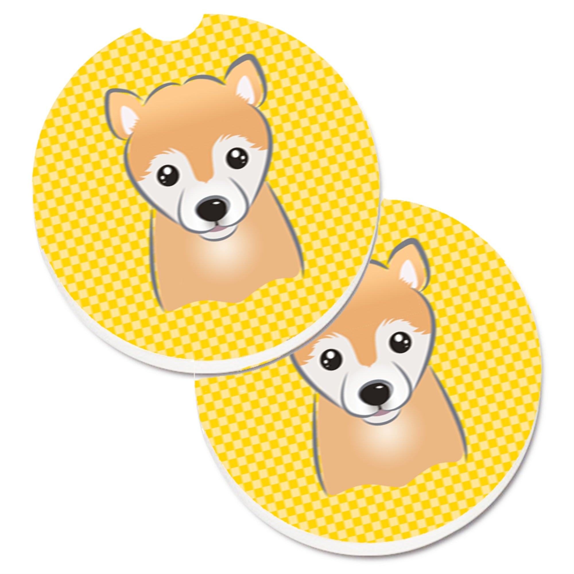 'Caroline'S Treasures Yellow Checkered Shiba Inu Set Of 2 Cup Holder Car Coasters Bb1133Carc, 2.56, Multicolor''