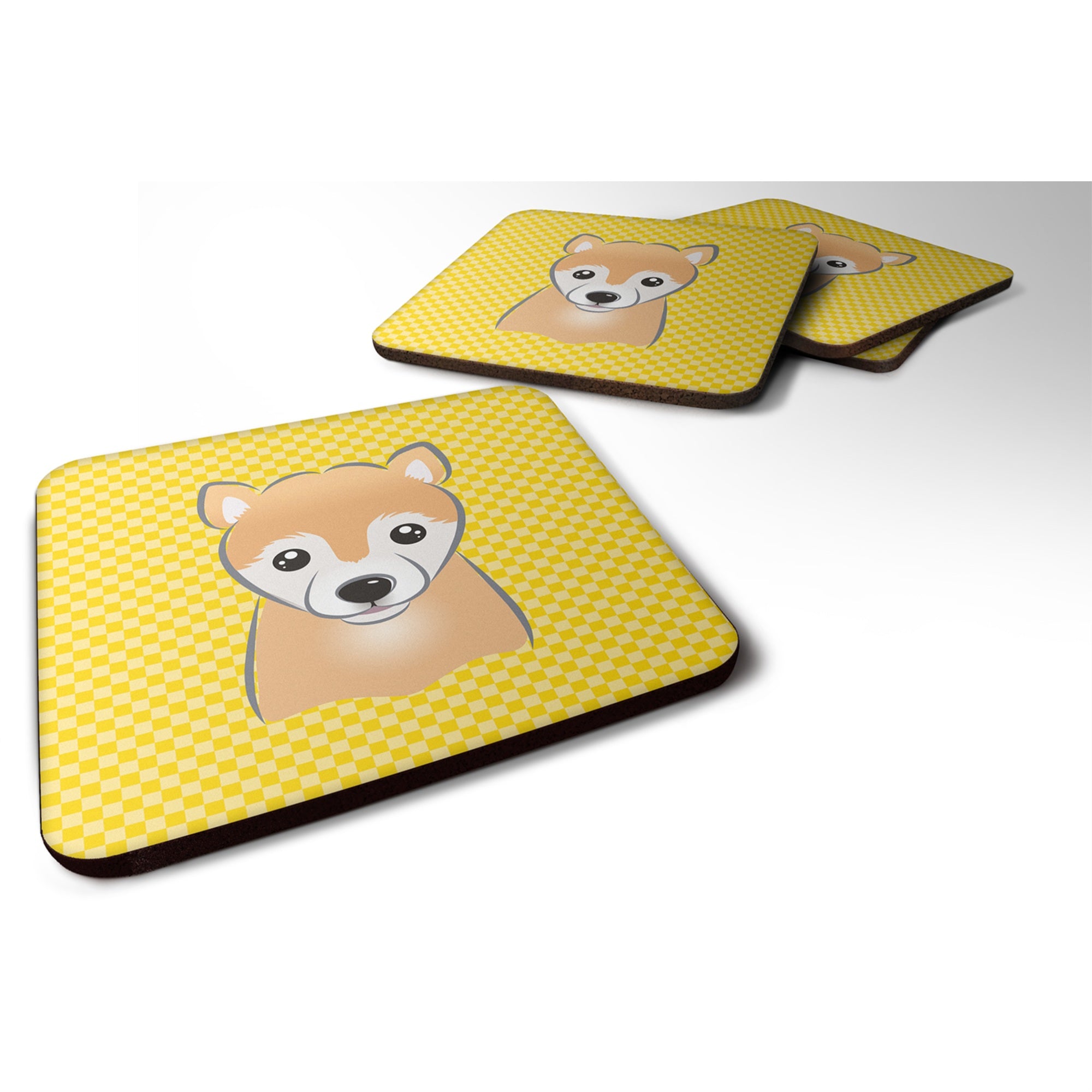 'Caroline'S Treasures Bb1133Fc Yellow Checkered Shiba Inu Foam Coaster (Set Of 4), 3.5'''' H X 3.5'''' W, Multicolor''