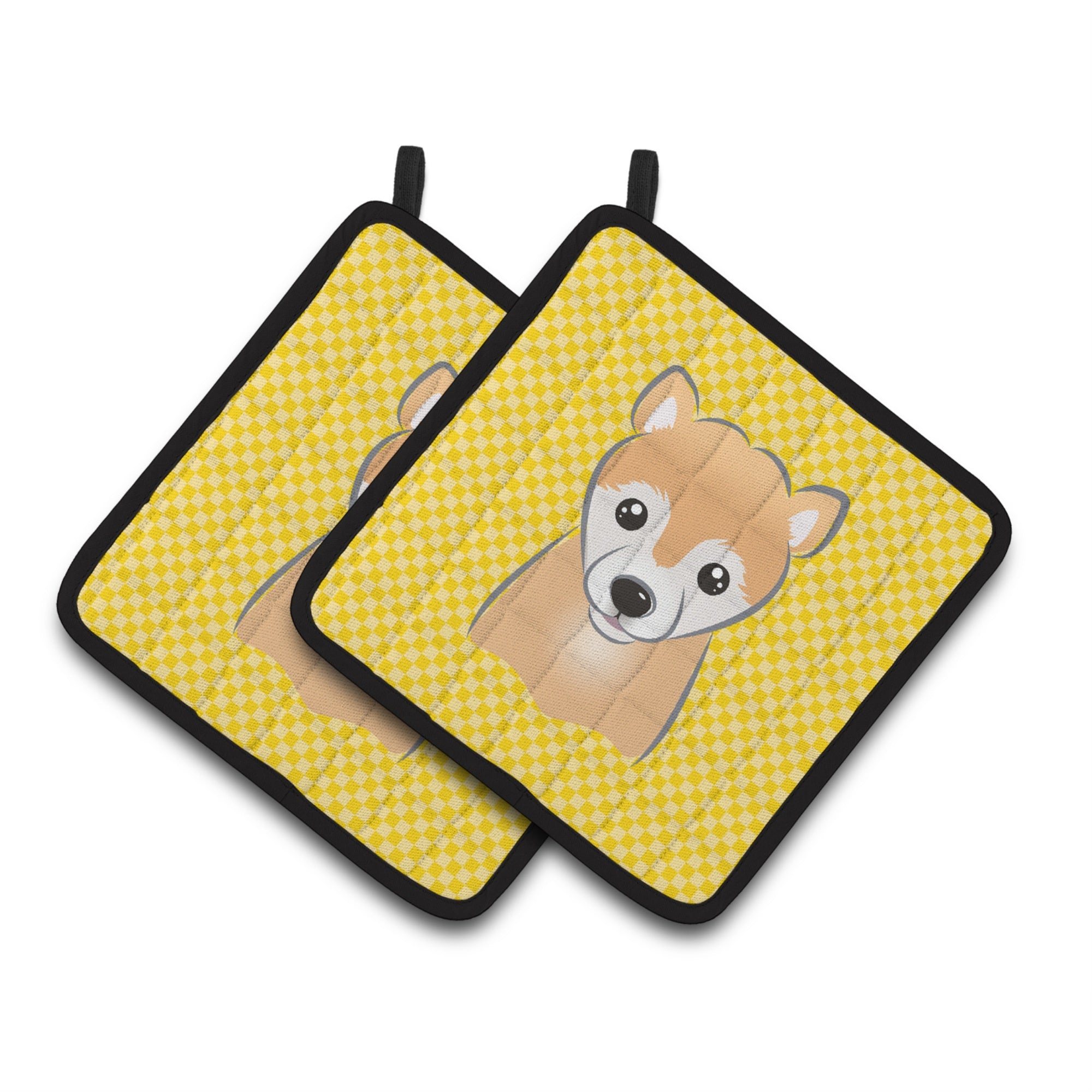 'Caroline'S Treasures Yellow Checkered Shiba Inu Pair Of Pot Holders Bb1133Pthd, 7.5Hx7.5W, Multicolor''