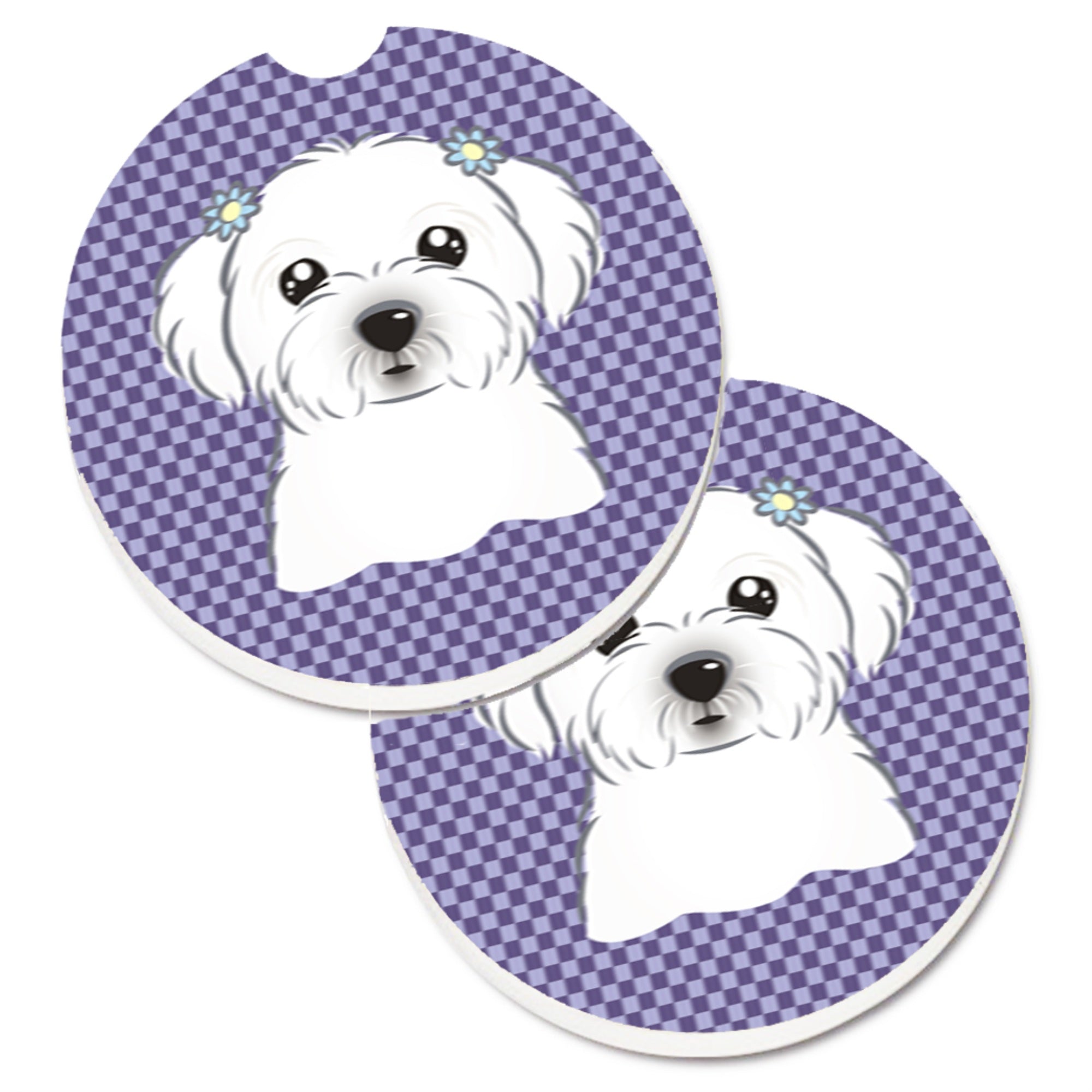 'Caroline'S Treasures Purple Checkered Maltese Set Of 2 Cup Holder Car Coasters Bb1134Carc, 2.56, Multicolor''