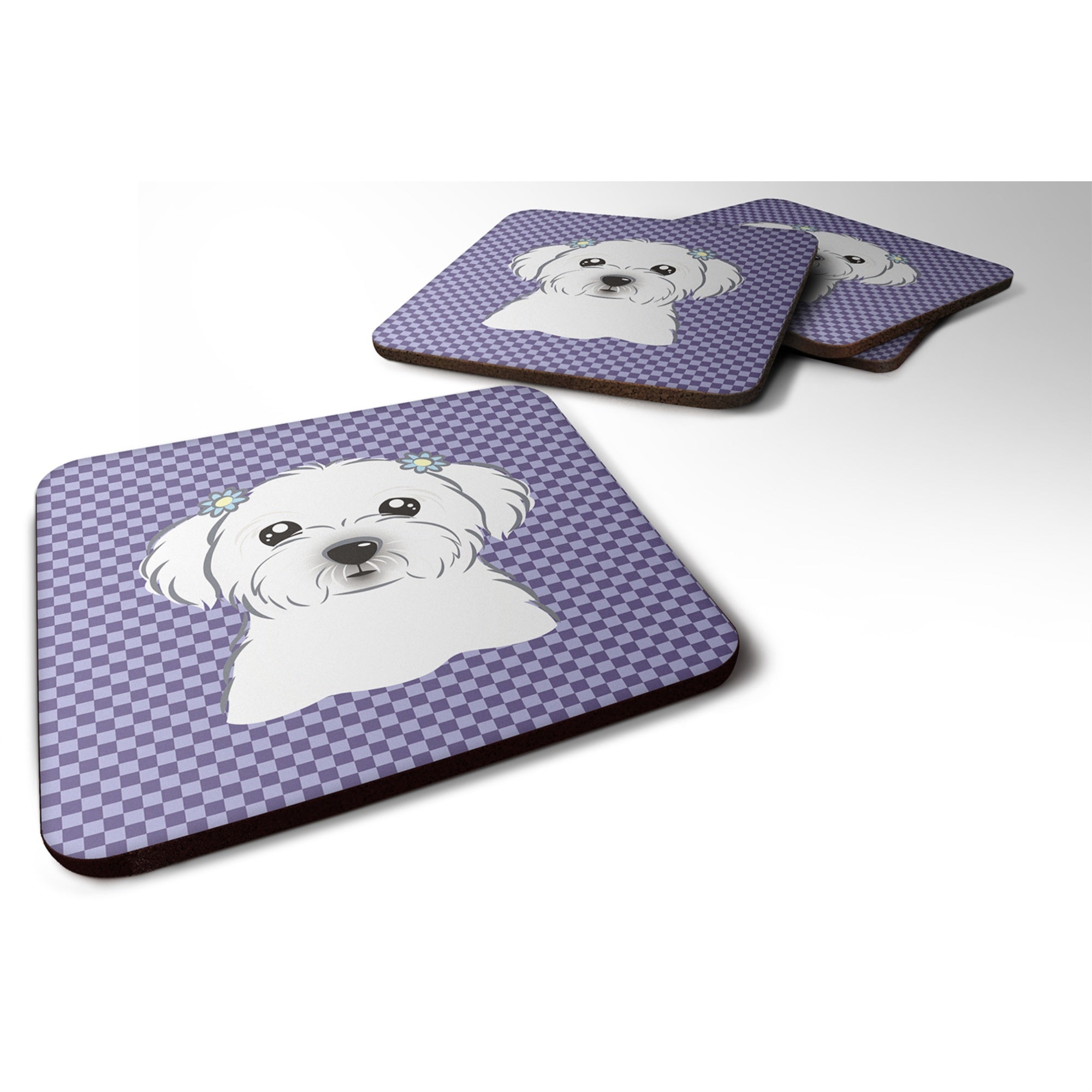 'Caroline'S Treasures Bb1134Fc Purple Checkered Maltese Foam Coaster (Set Of 4), 3.5'''' H X 3.5'''' W, Multicolor''