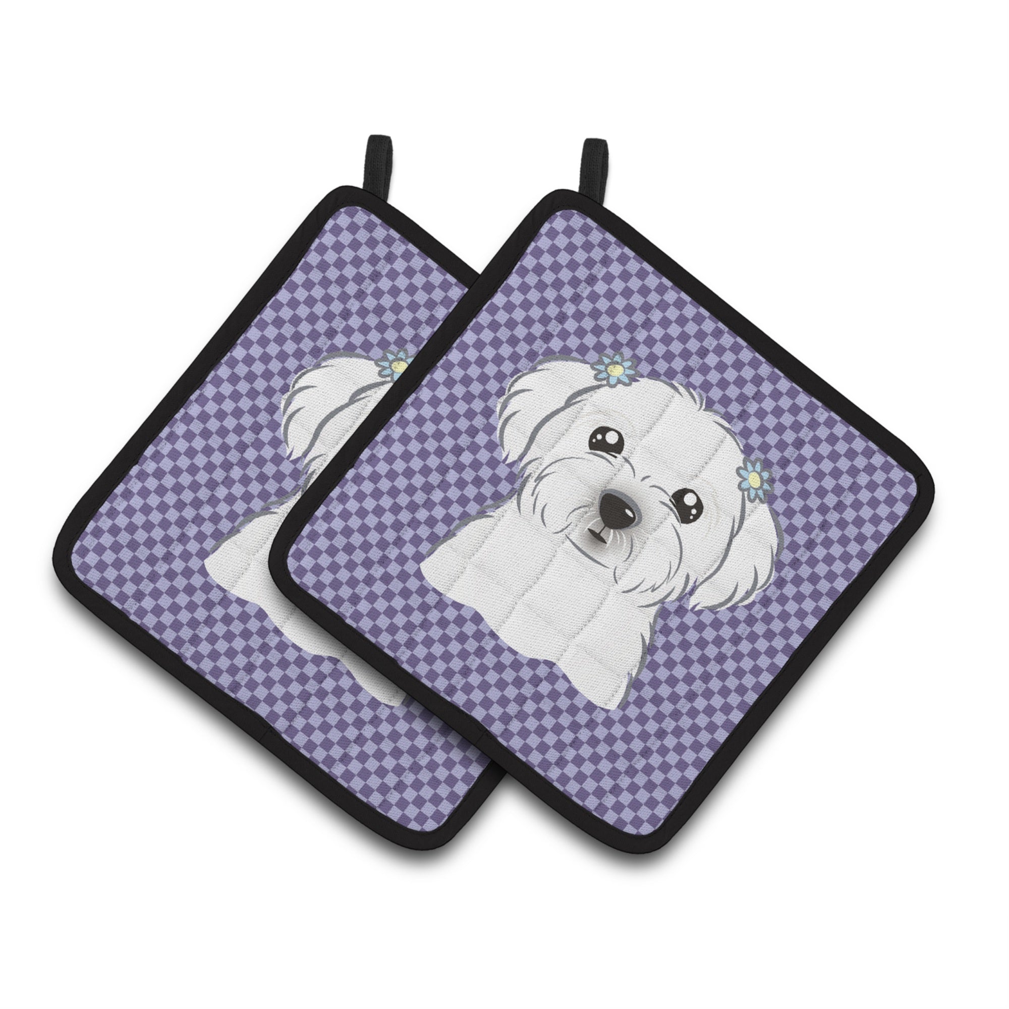 'Caroline'S Treasures Purple Checkered Maltese Pair Of Pot Holders Bb1134Pthd, 7.5Hx7.5W, Multicolor''