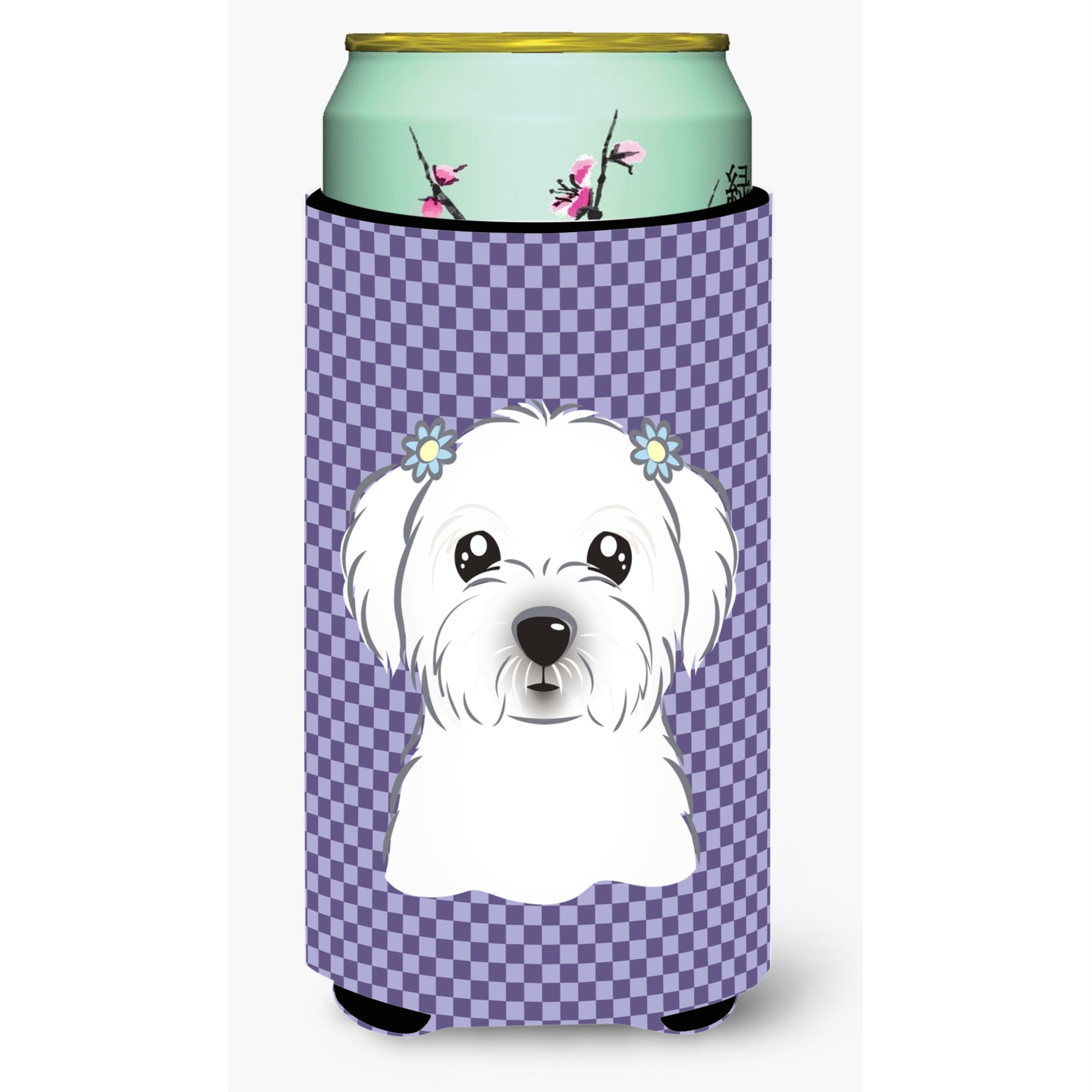 Purple Checkered Maltese Tall Boy Beverage Insulator Hugger Bb1134Tbc