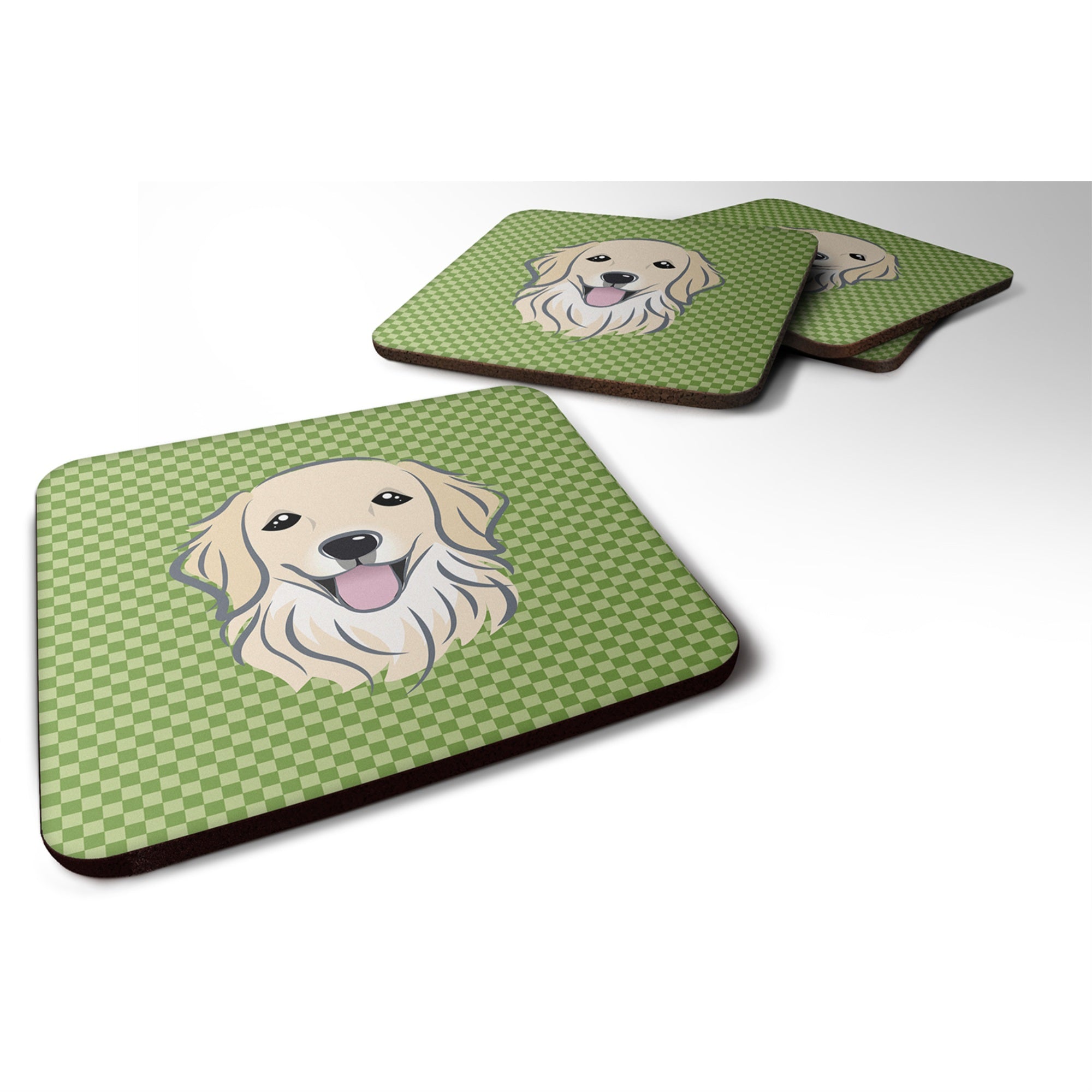 'Caroline'S Treasures Bb1137Fc Green Checkered Golden Retriever Foam Coaster (Set Of 4), 3.5'''' H X 3.5'''' W, Multicolor''