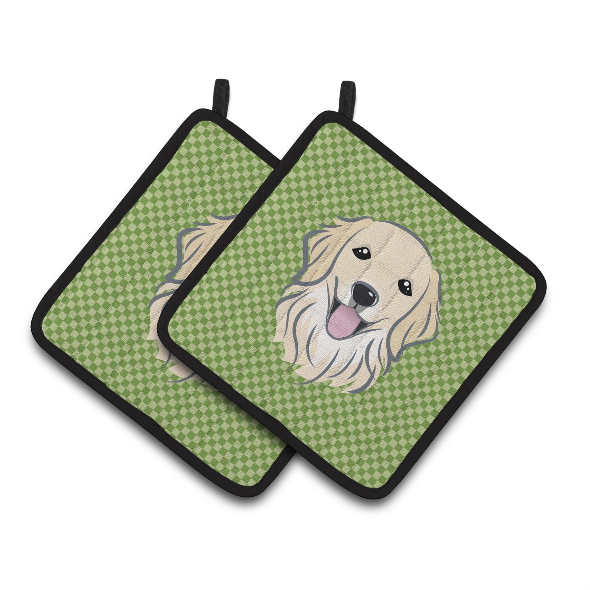 'Caroline'S Treasures Green Checkered Golden Retriever Pair Of Pot Holders Bb1137Pthd, 7.5Hx7.5W, Multicolor''