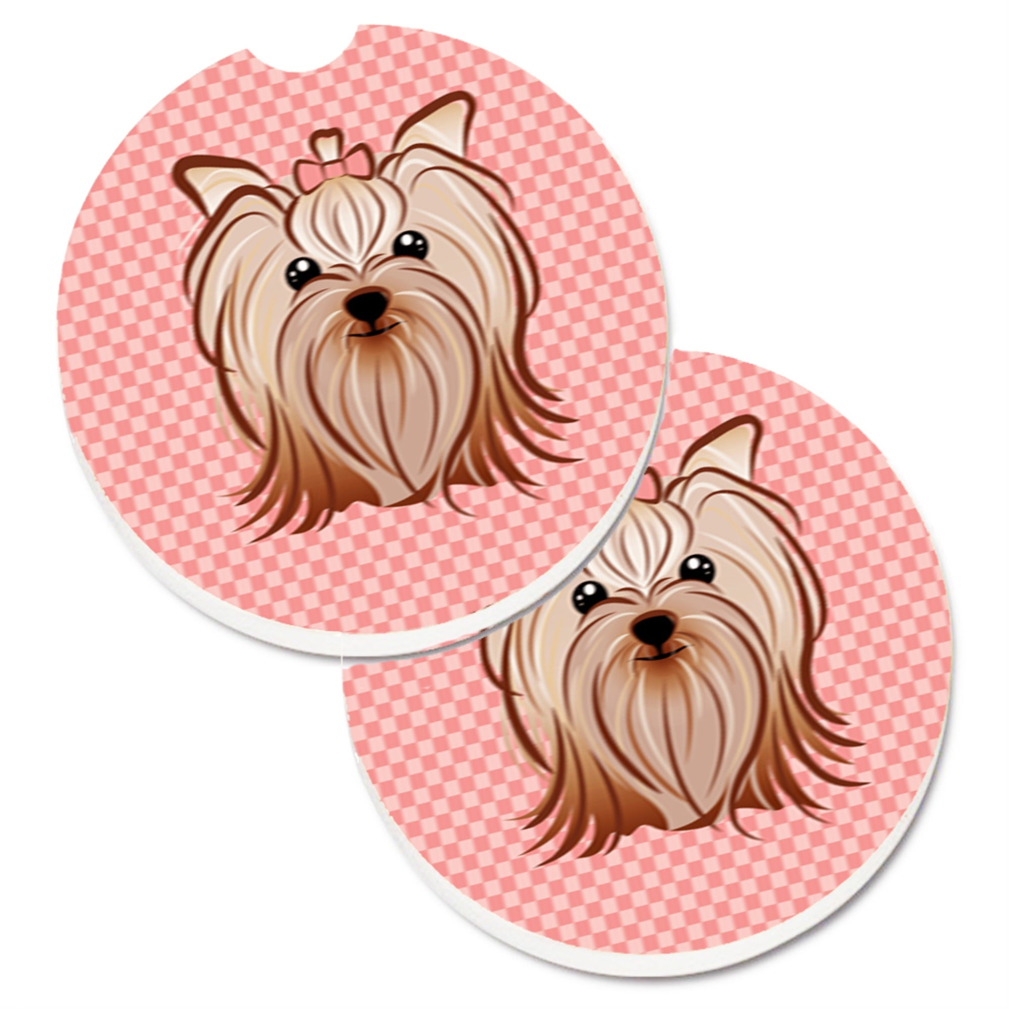 'Caroline'S Treasures Pink Checkered Yorkie / Yorkshire Terrier Set Of 2 Cup Holder Car Coasters Bb1138Carc, 2.56, Multicolor''