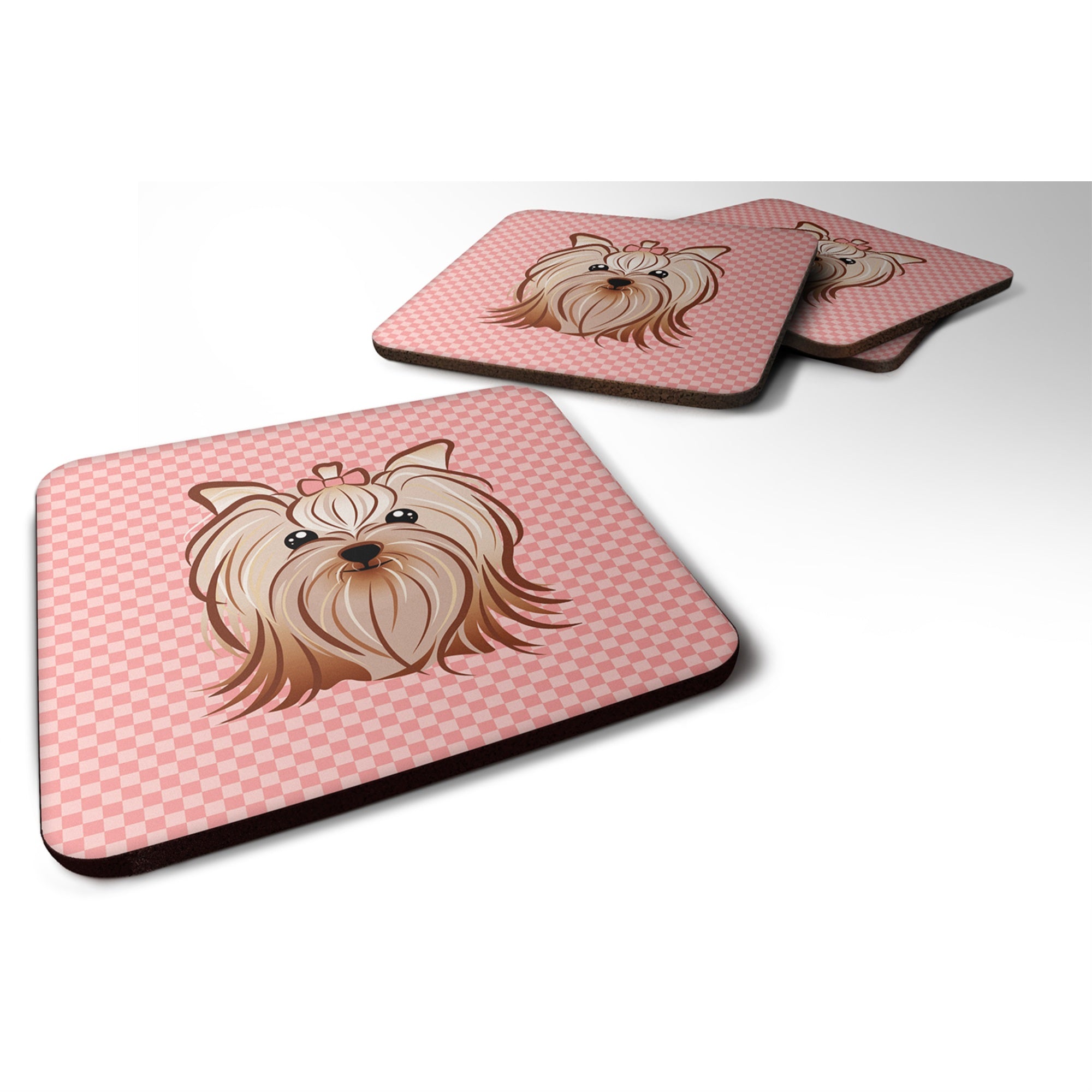 'Caroline'S Treasures Bb1138Fc Pink Checkered Yorkie/Yorkshire Terrier Foam Coaster (Set Of 4), 3.5'''' H X 3.5'''' W, Multicol
