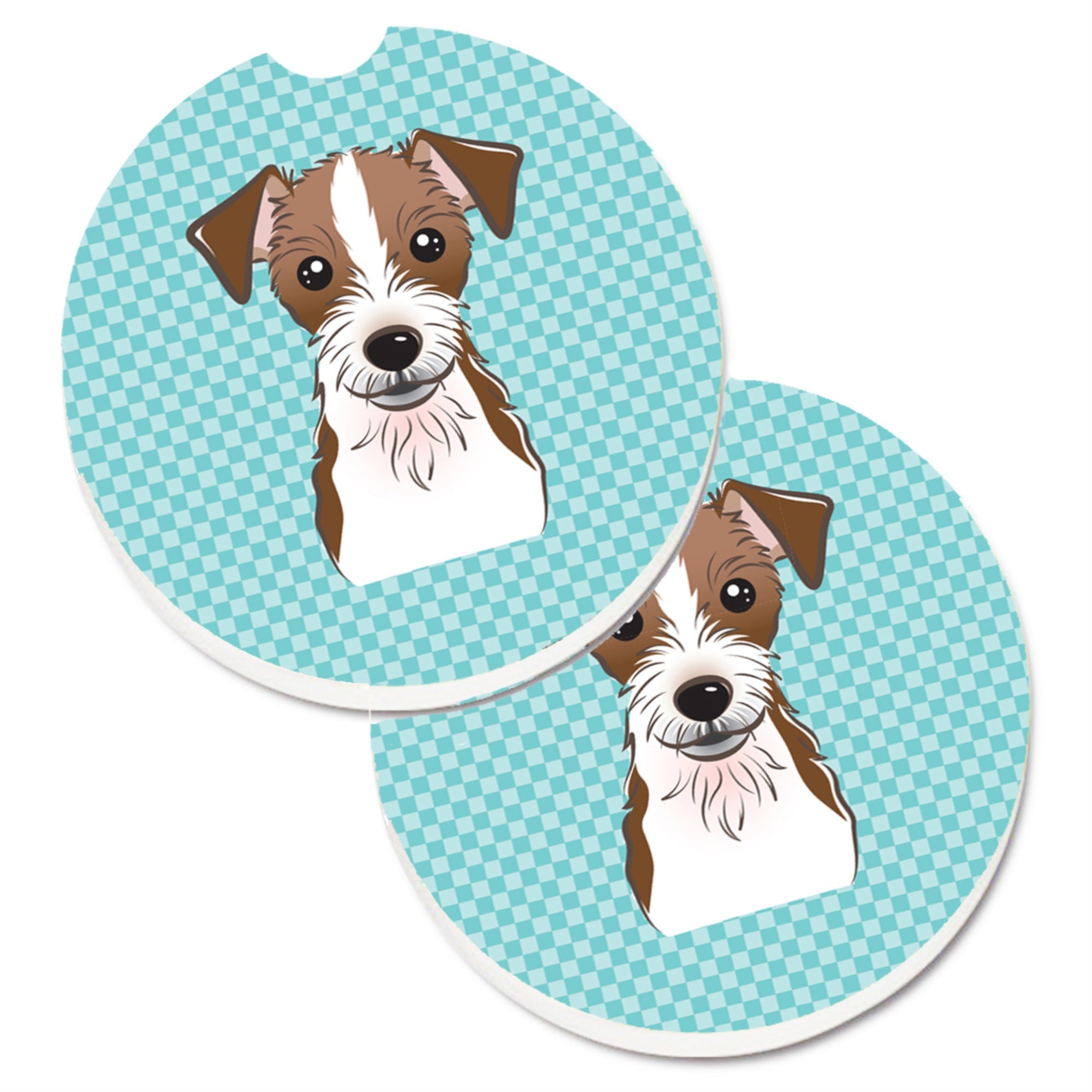 'Caroline'S Treasures Checkerboard Blue Jack Russell Terrier Set Of 2 Cup Holder Car Coasters Bb1140Carc, 2.56, Multicolor''