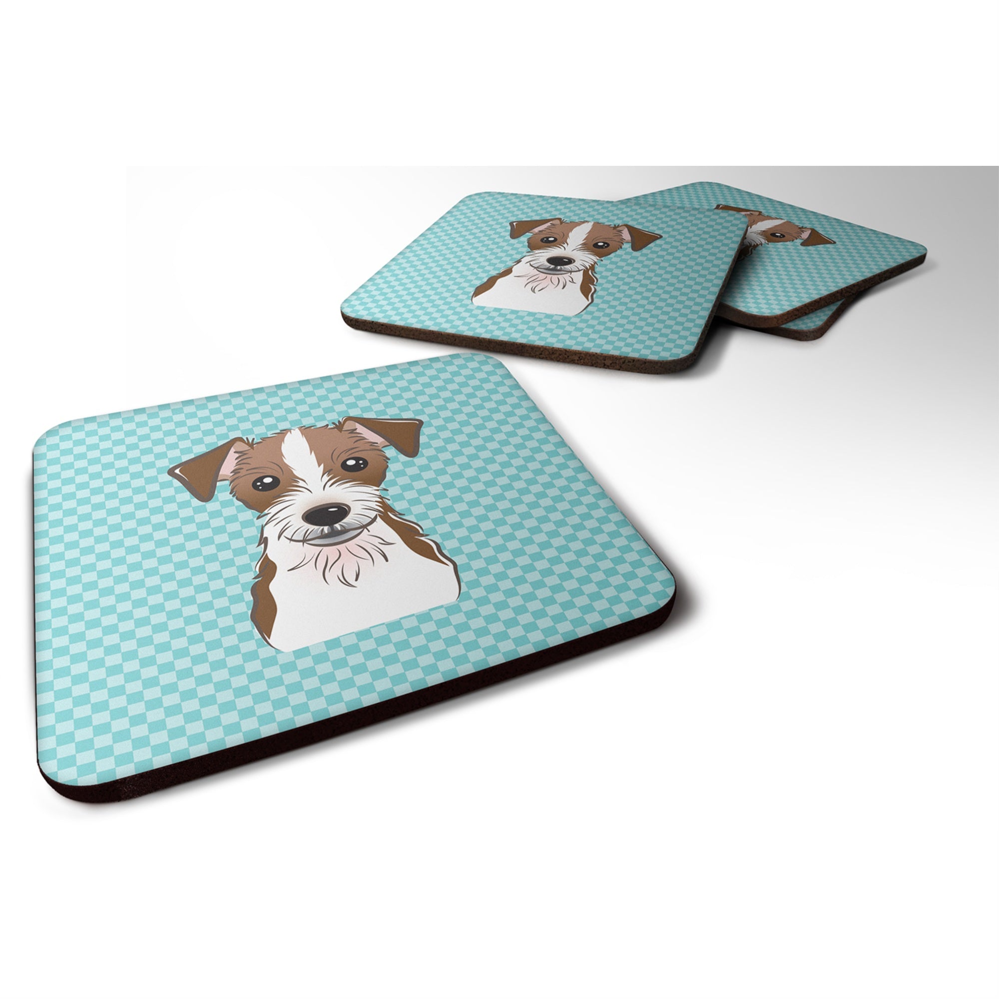 'Caroline'S Treasures Bb1140Fc Checkerboard Blue Jack Russell Terrier Foam Coaster (Set Of 4), 3.5'''' H X 3.5'''' W, Multicolo