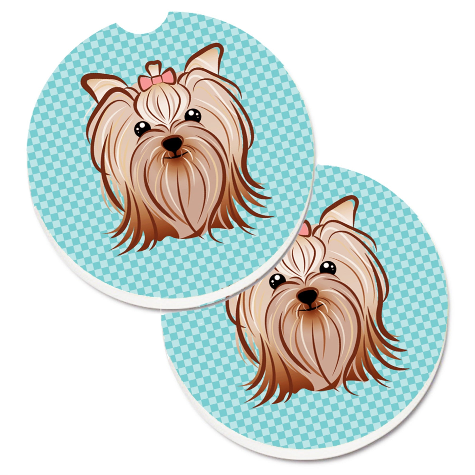 'Caroline'S Treasures Checkerboard Blue Yorkie Yorkishire Terrier Set Of 2 Cup Holder Car Coasters Bb1142Carc, 2.56, Multicolor