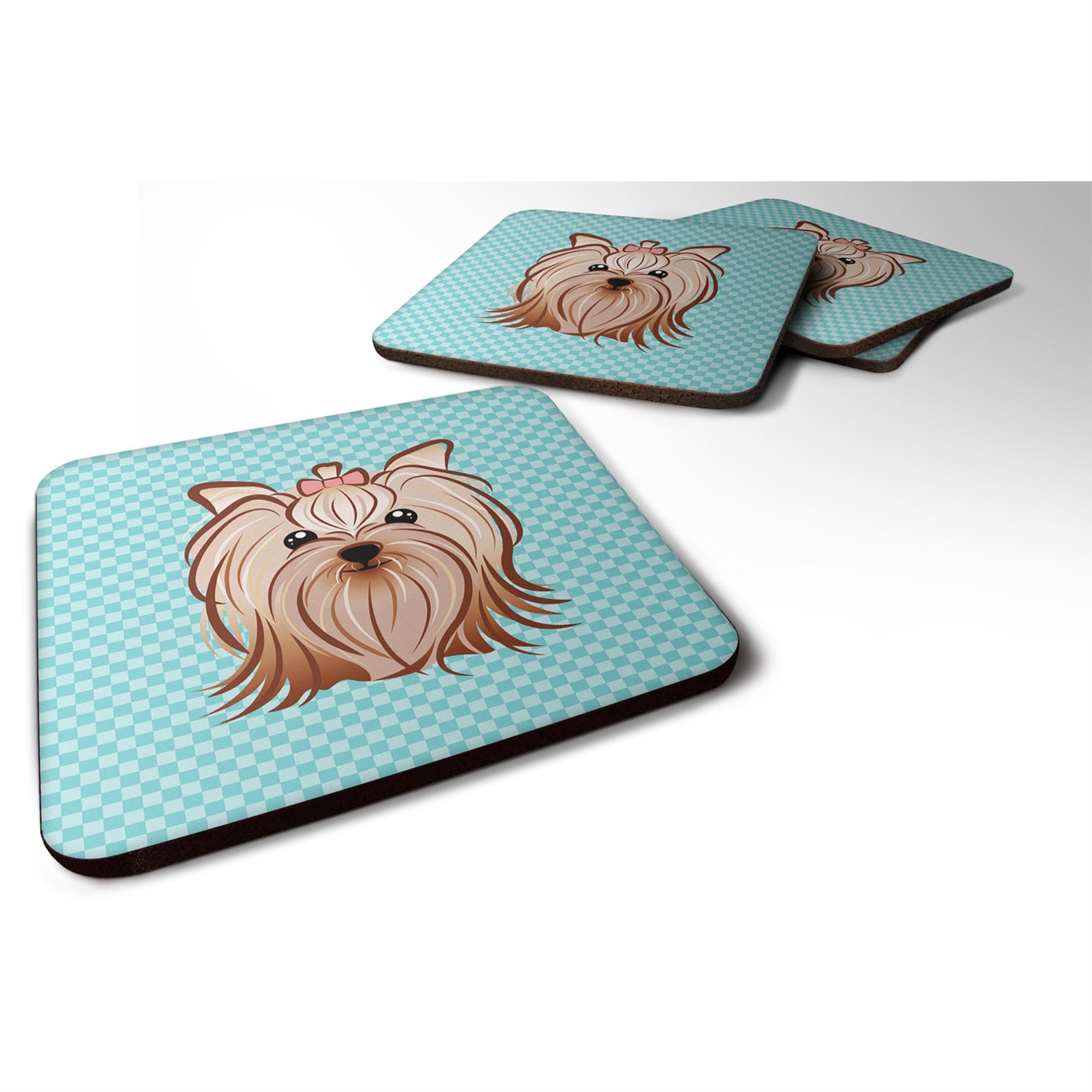'Caroline'S Treasures Bb1142Fc Checkerboard Blue Yorkie Yorkishire Terrier Foam Coaster (Set Of 4), 3.5'''' H X 3.5'''' W, Mult