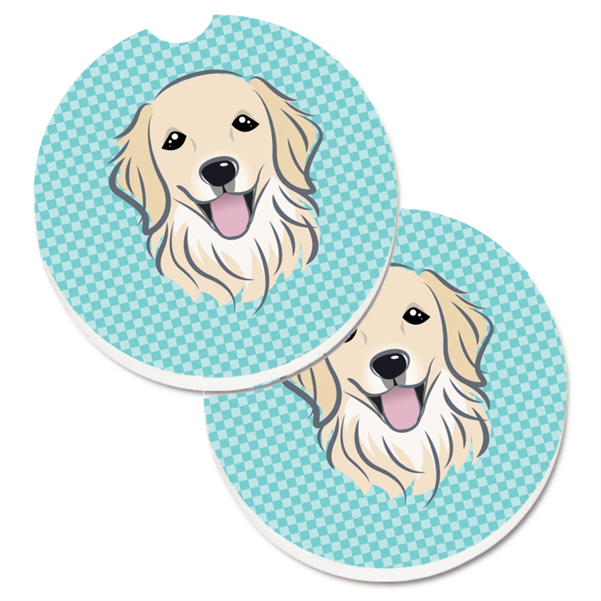 'Caroline'S Treasures Checkerboard Blue Golden Retriever Set Of 2 Cup Holder Car Coasters Bb1143Carc, 2.56, Multicolor''