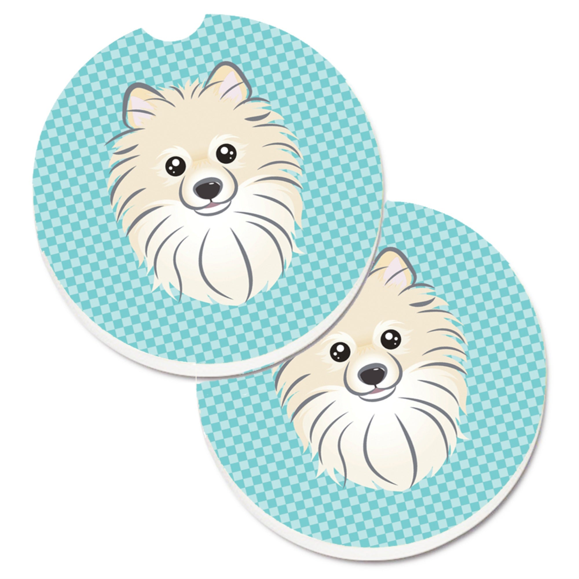 'Caroline'S Treasures Checkerboard Blue Pomeranian Set Of 2 Cup Holder Car Coasters Bb1145Carc, 2.56, Multicolor''