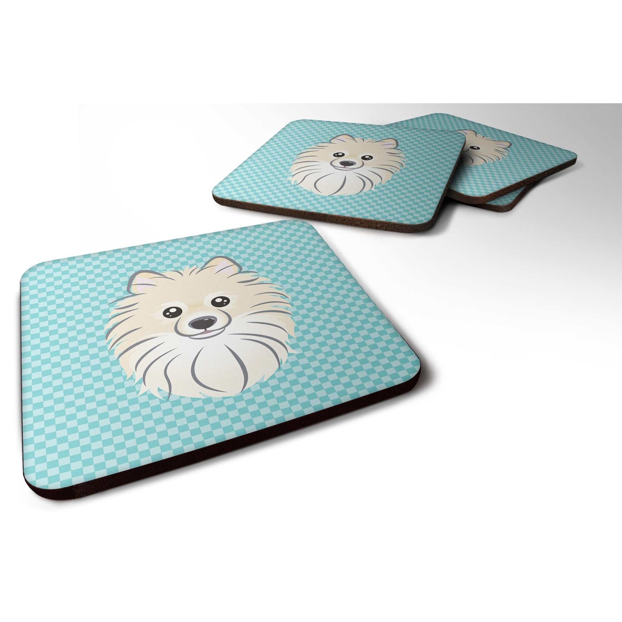 'Caroline'S Treasures Bb1145Fc Checkerboard Blue Pomeranian Foam Coaster (Set Of 4), 3.5'''' H X 3.5'''' W, Multicolor''