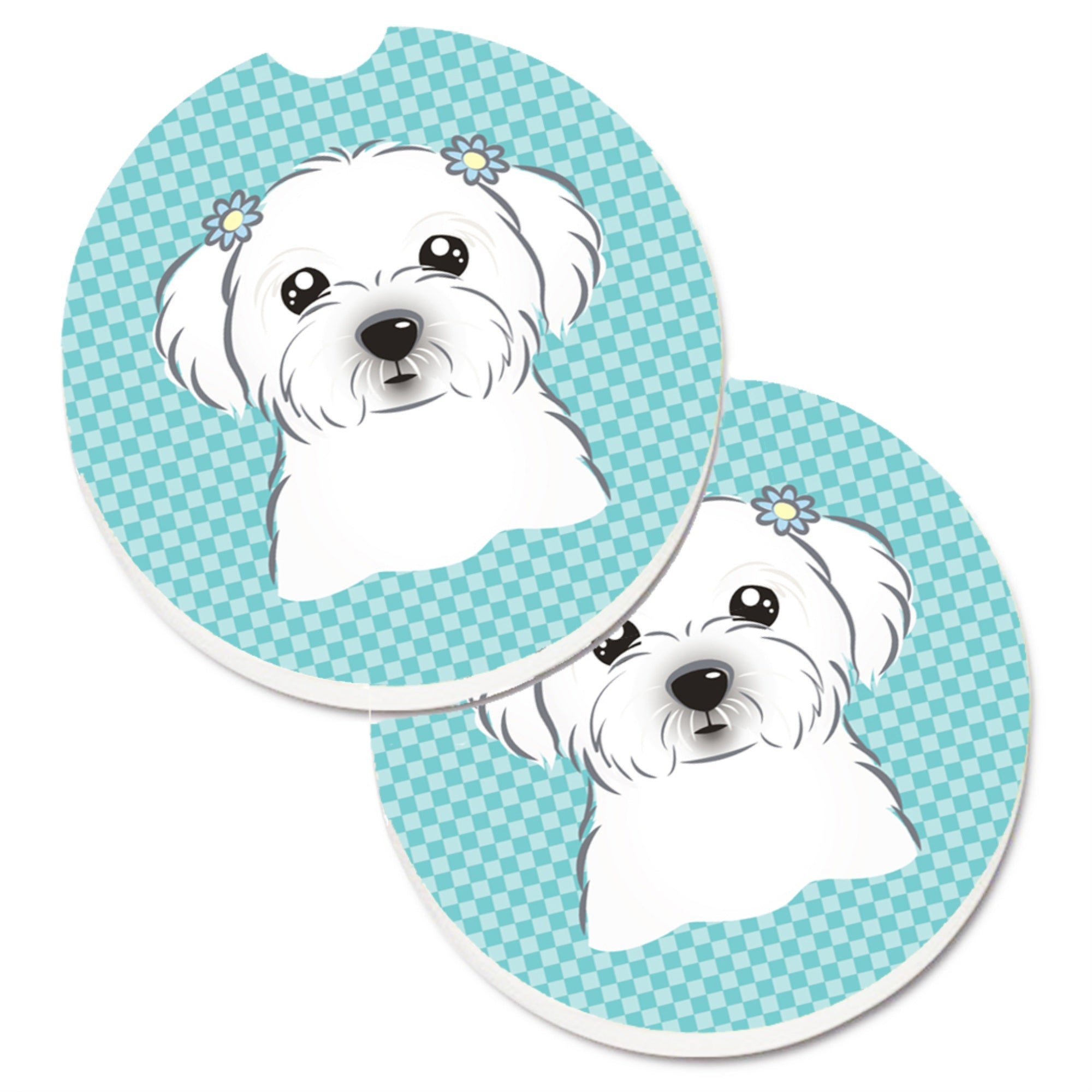 'Caroline'S Treasures Checkerboard Blue Maltese Set Of 2 Cup Holder Car Coasters Bb1146Carc, 2.56, Multicolor''