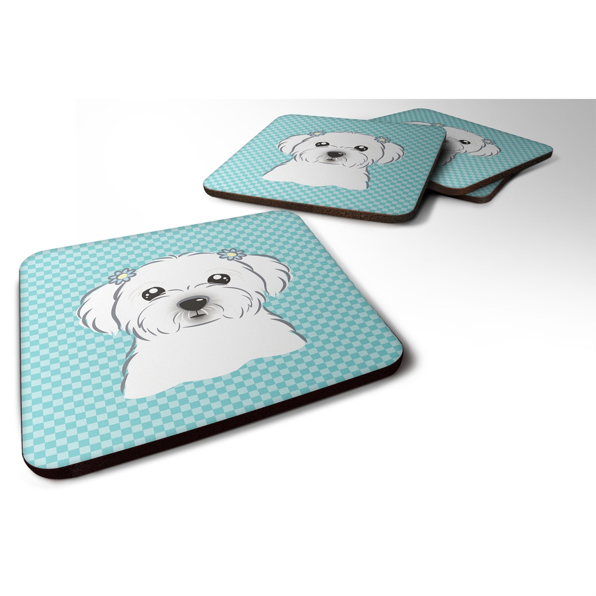 'Caroline'S Treasures Bb1146Fc Checkerboard Blue Maltese Foam Coaster (Set Of 4), 3.5'''' H X 3.5'''' W, Multicolor''