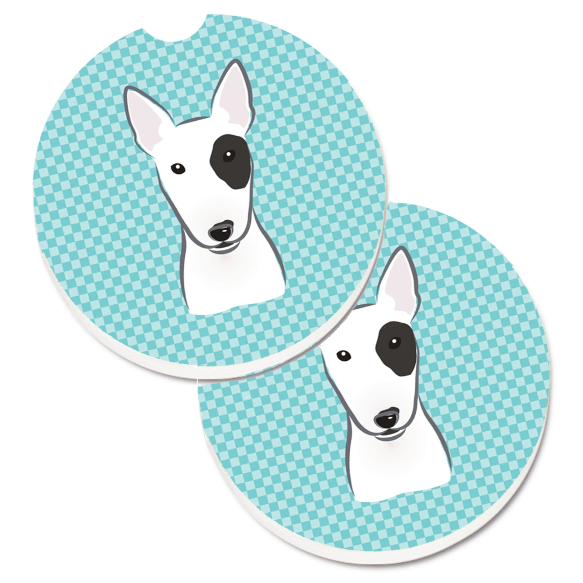 'Caroline'S Treasures Checkerboard Blue Bull Terrier Set Of 2 Cup Holder Car Coasters Bb1147Carc, 2.56, Multicolor''