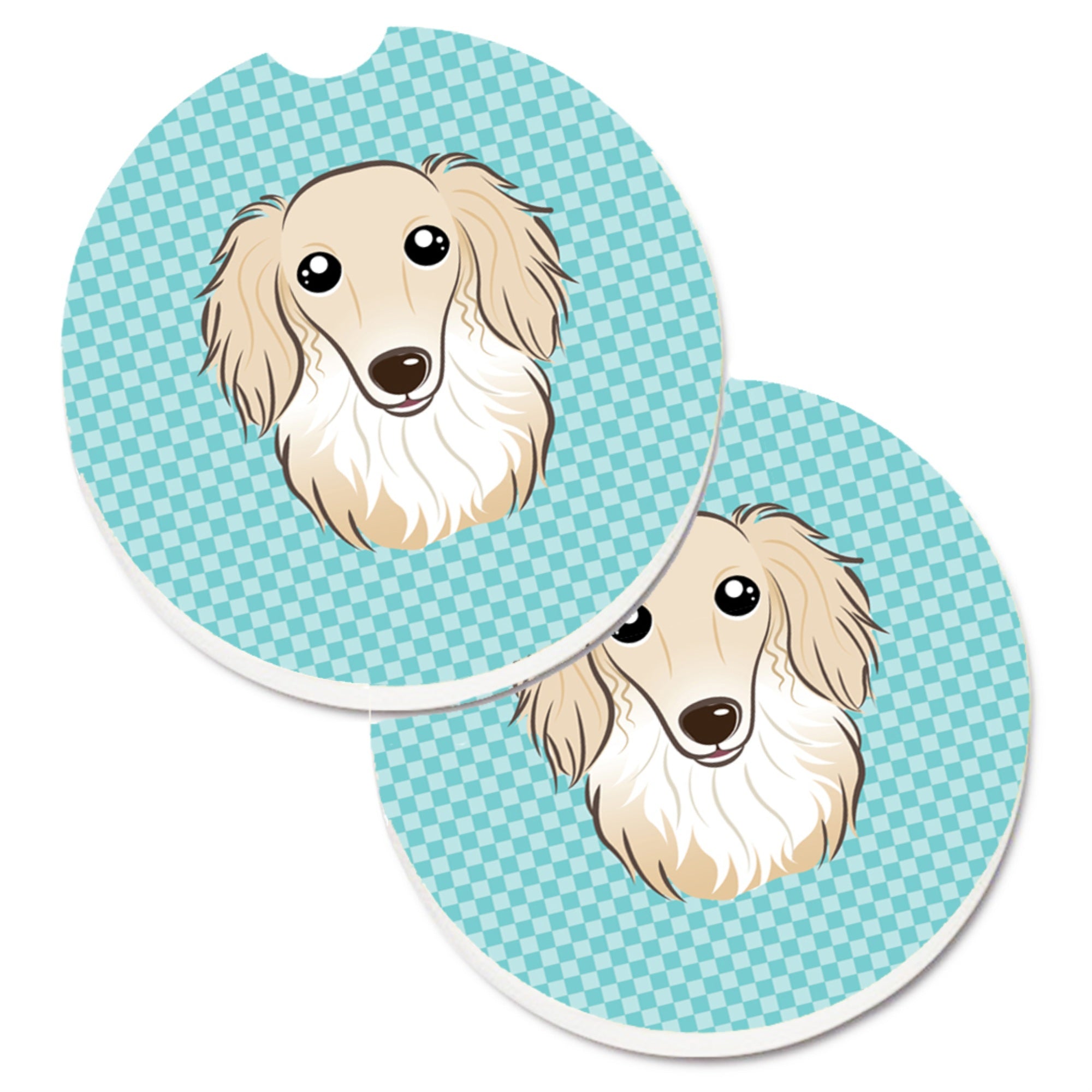 'Caroline'S Treasures Checkerboard Blue Longhair Creme Dachshund Set Of 2 Cup Holder Car Coasters Bb1150Carc, 2.56, Multicolor'