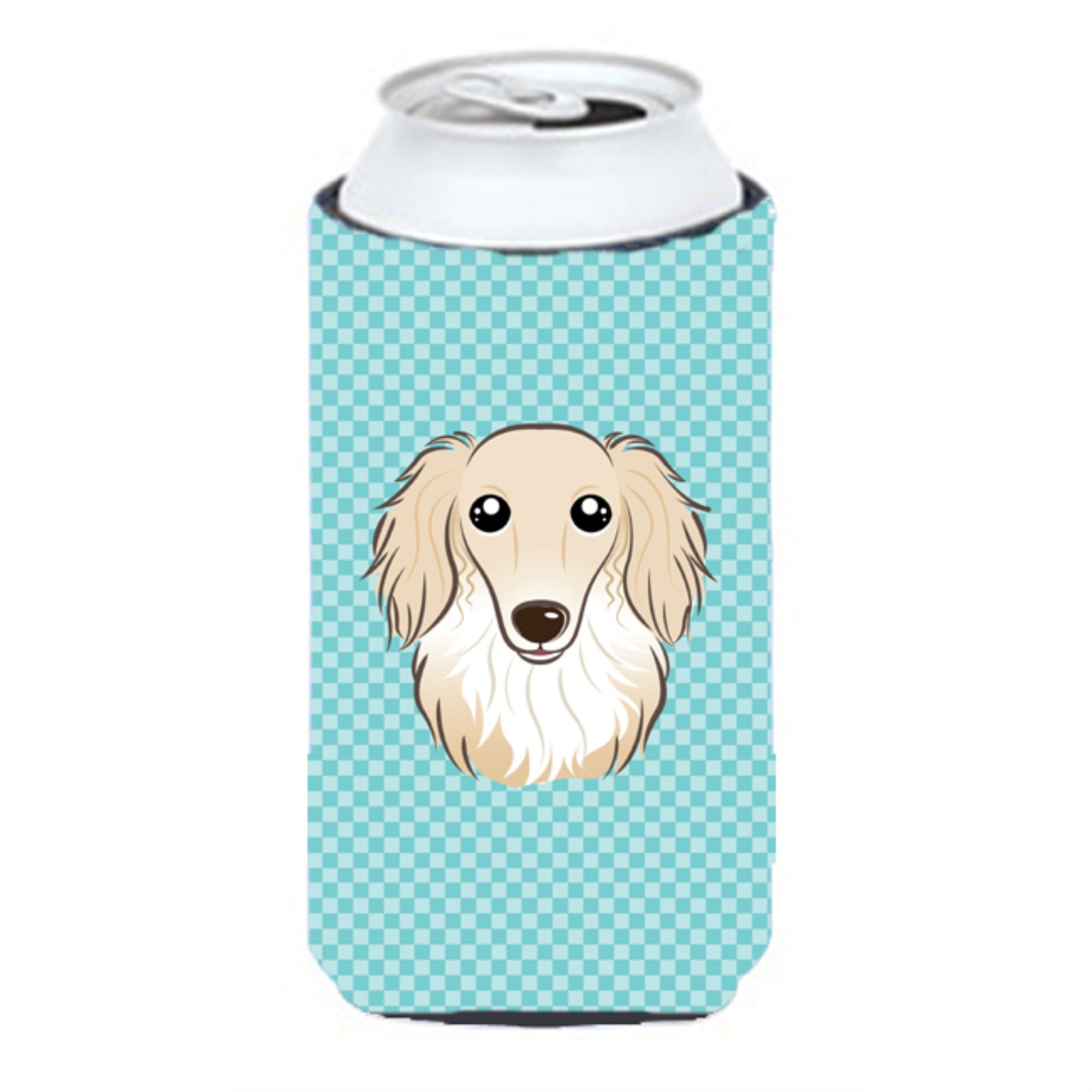 Checkerboard Blue Longhair Creme Dachshund Tall Boy Beverage Insulator Hugger Bb1150Tbc