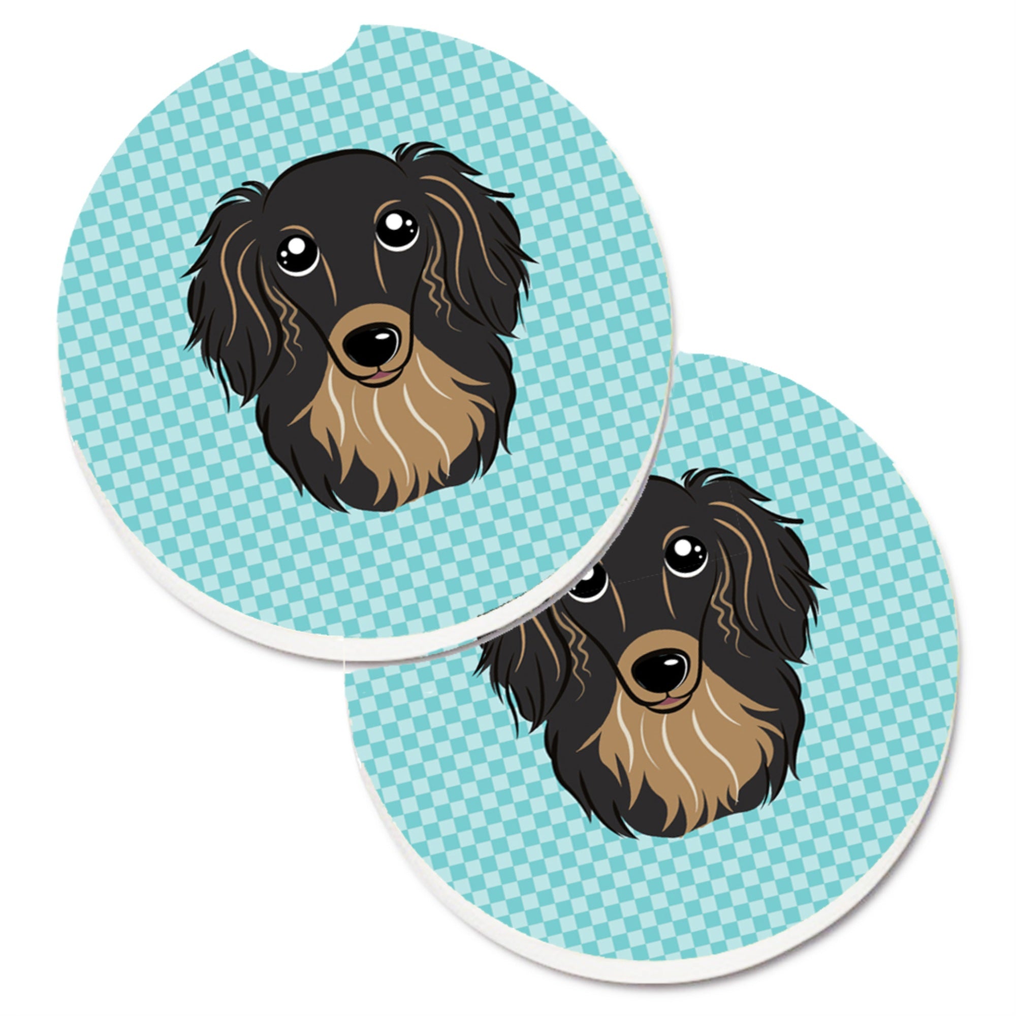 'Caroline'S Treasures Checkerboard Blue Longhair Black & Tan Dachshund Set Of 2 Cup Holder Car Coasters Bb1151Carc, 2.56, Multi