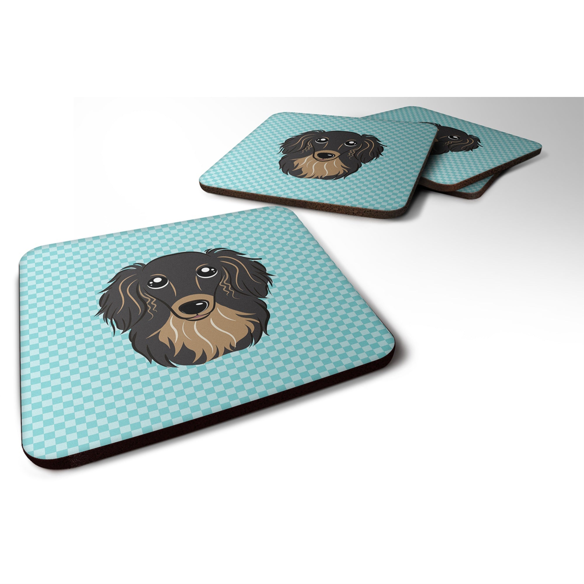 'Caroline'S Treasures Bb1151Fc Checkerboard Blue Longhair Black And Tan Dachshund Foam Coaster (Set Of 4), 3.5'''' H X 3.5''''