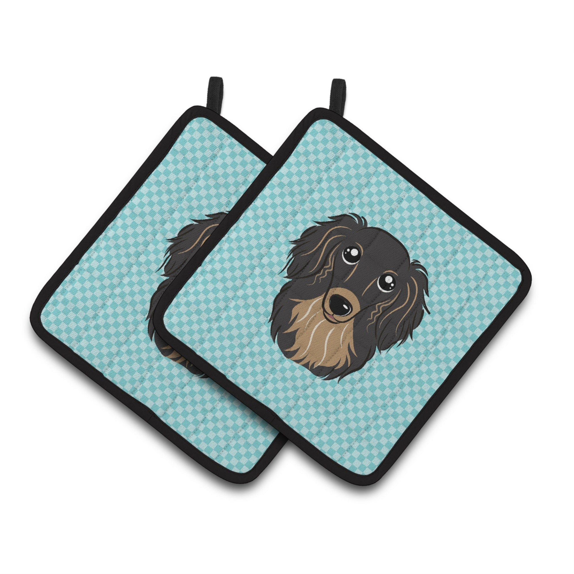 'Caroline'S Treasures Checkerboard Blue Longhair Black & Tan Dachshund Pair Of Pot Holders Bb1151Pthd, 7.5Hx7.5W, Multicolor''