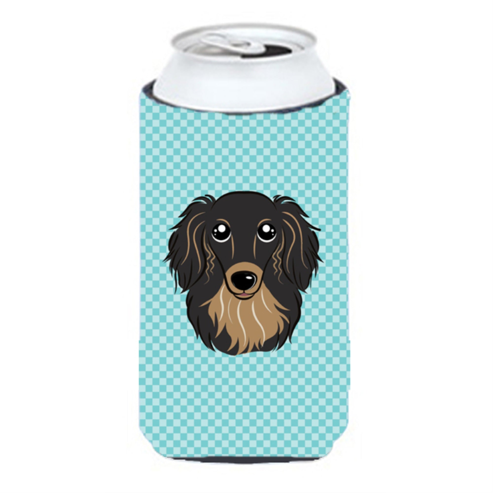 Checkerboard Blue Longhair Black And Tan Dachshund Tall Boy Beverage Insulator Hugger