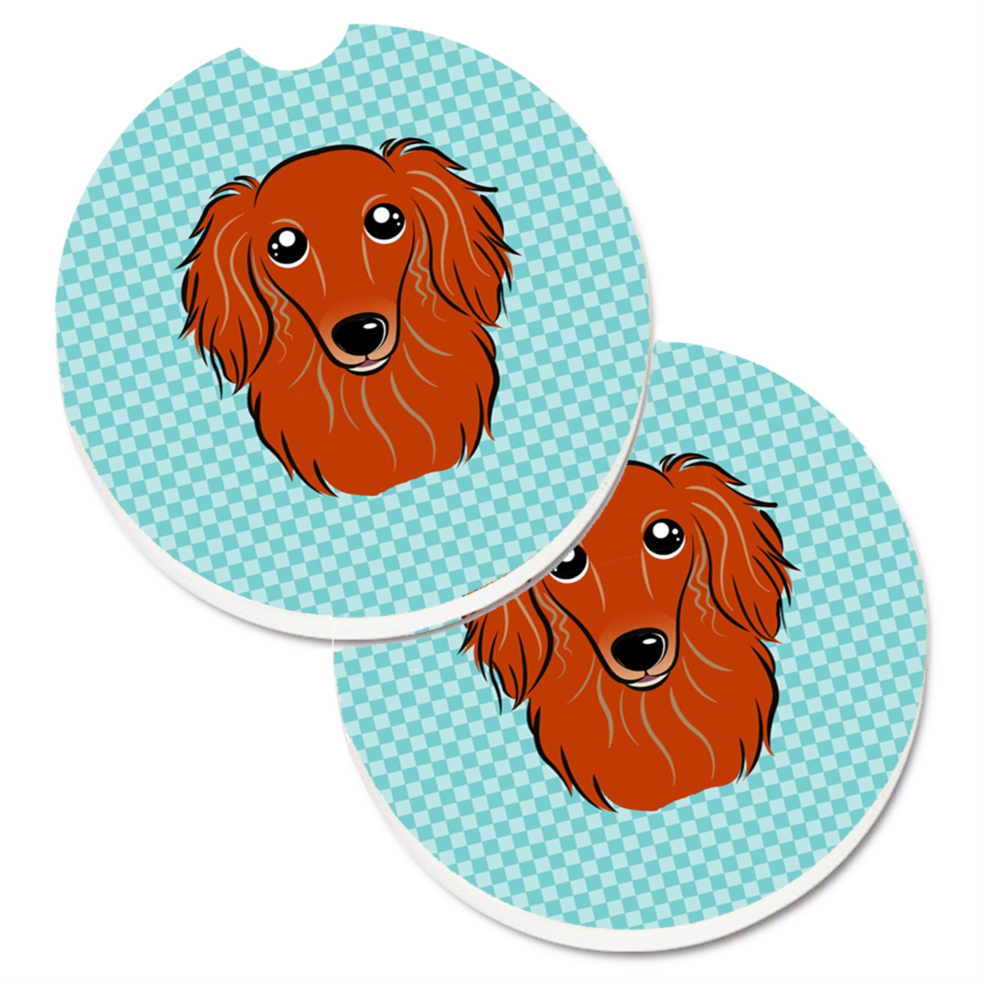 'Caroline'S Treasures Checkerboard Blue Longhair Red Dachshund Set Of 2 Cup Holder Car Coasters Bb1152Carc, 2.56, Multicolor''