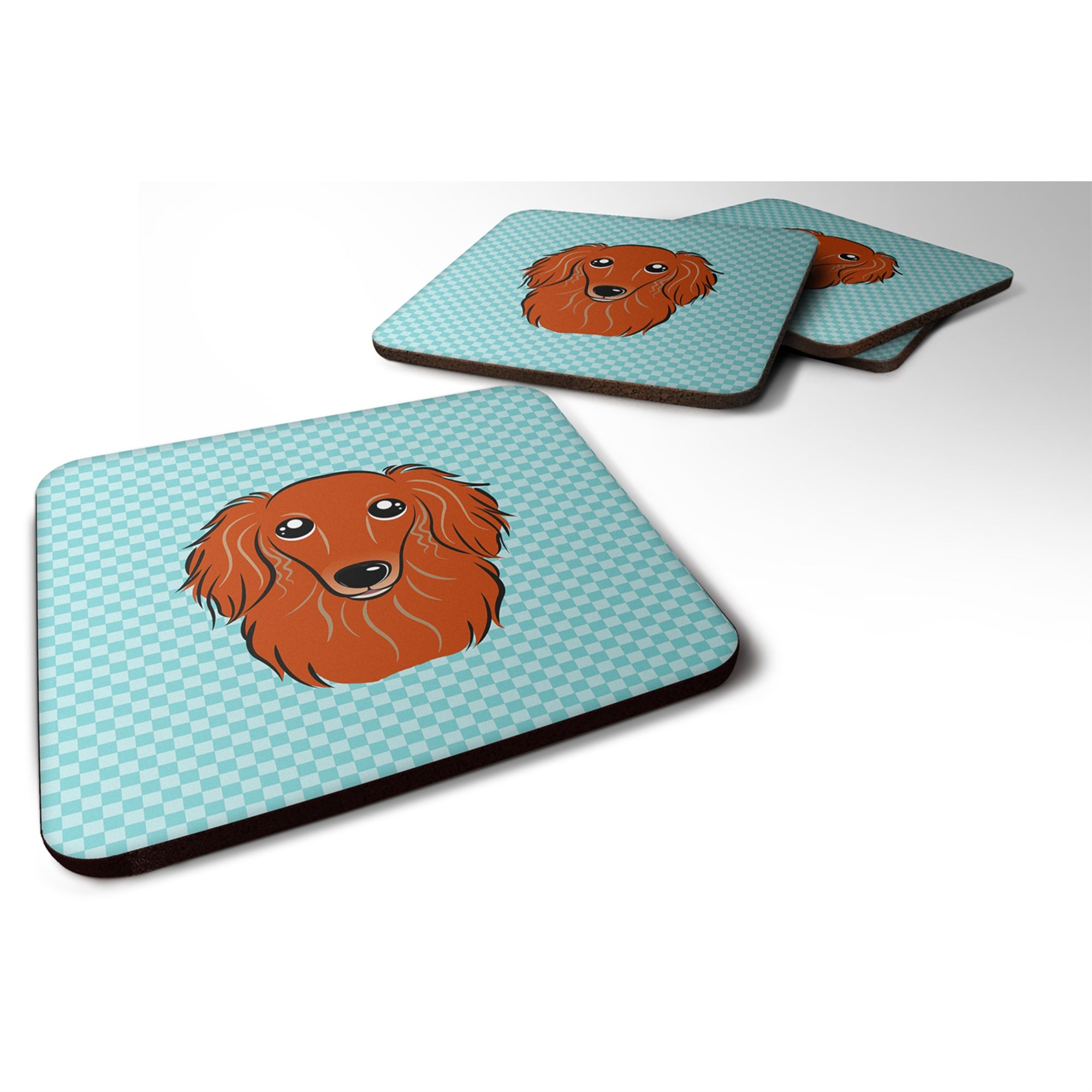 'Caroline'S Treasures Bb1152Fc Checkerboard Blue Longhair Red Dachshund Foam Coaster (Set Of 4), 3.5'''' H X 3.5'''' W, Multico