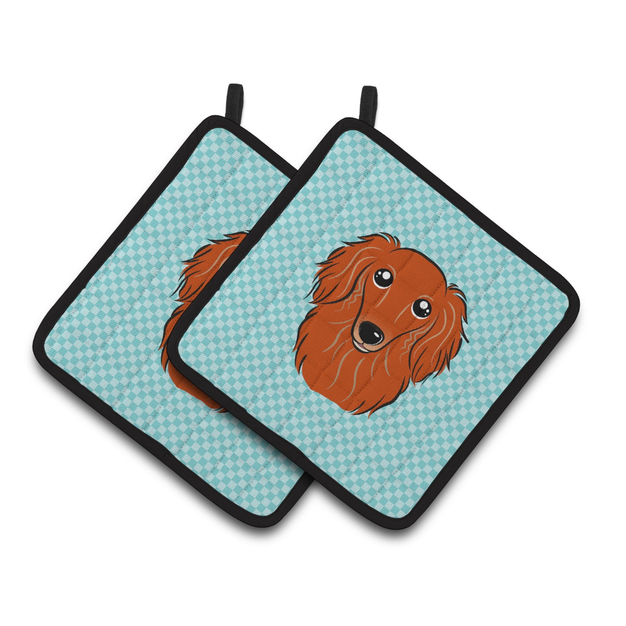 'Caroline'S Treasures Checkerboard Blue Longhair Red Dachshund Pair Of Pot Holders Bb1152Pthd, 7.5Hx7.5W, Multicolor''