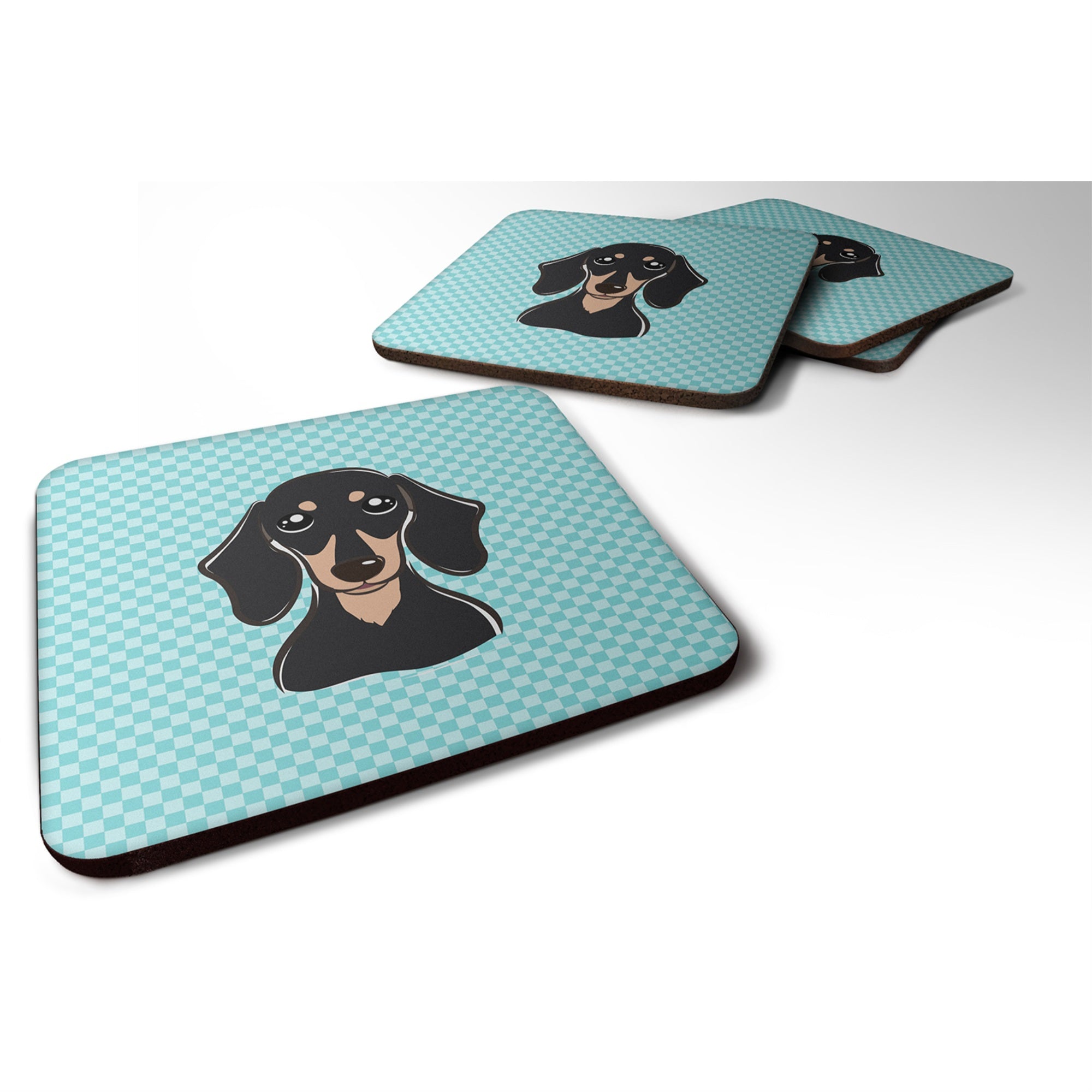 'Caroline'S Treasures Bb1153Fc Checkerboard Blue Smooth Black And Tan Dachshund Foam Coaster (Set Of 4), 3.5'''' H X 3.5'''' W,