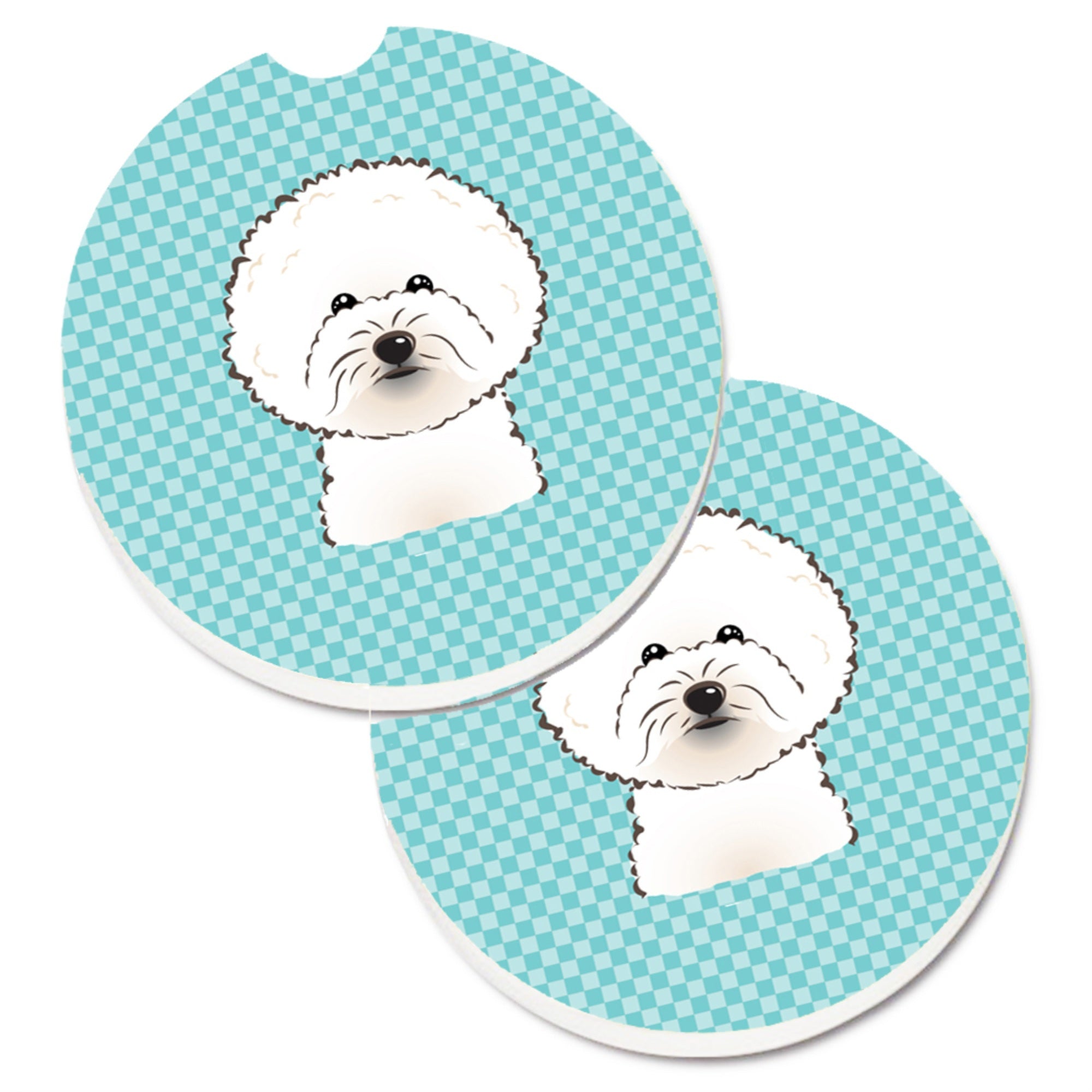 'Caroline'S Treasures Checkerboard Blue Bichon Frise Set Of 2 Cup Holder Car Coasters Bb1155Carc, 2.56, Multicolor''