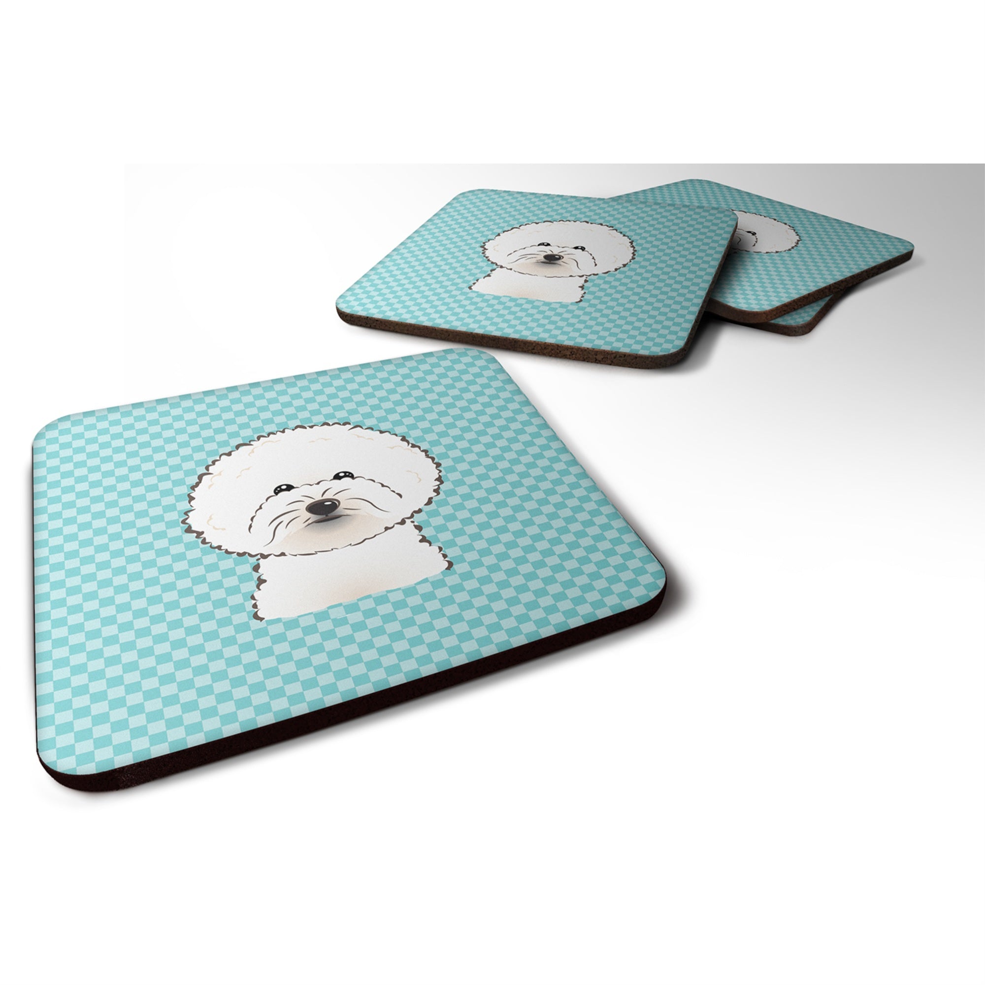 'Caroline'S Treasures Bb1155Fc Checkerboard Blue Bichon Frise Foam Coaster (Set Of 4), 3.5'''' H X 3.5'''' W, Multicolor''