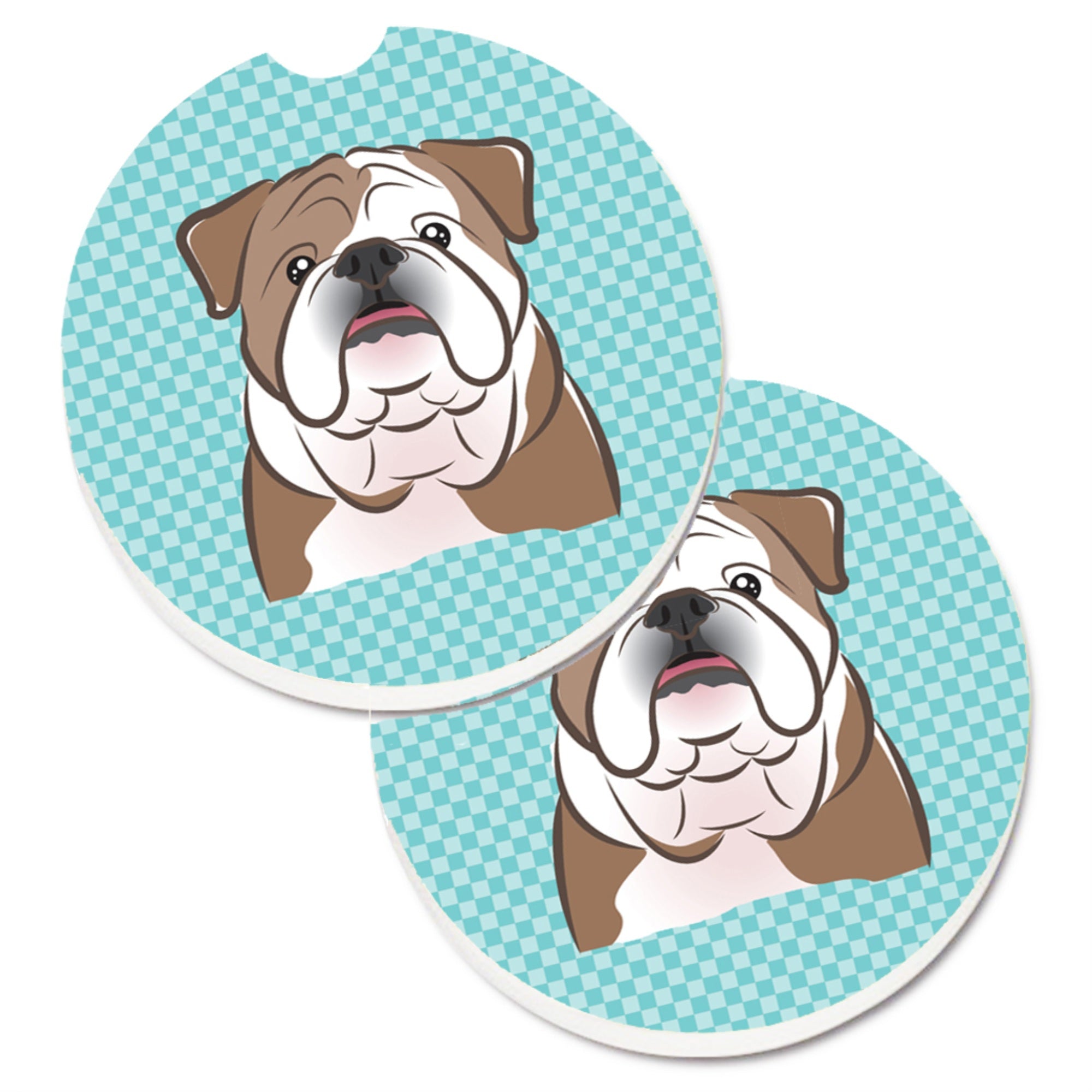 'Caroline'S Treasures Checkerboard Blue English Bulldog Set Of 2 Cup Holder Car Coasters Bb1157Carc, 2.56, Multicolor''